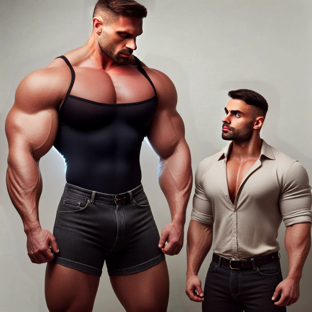 masterpiece, best quality, muscular, abs, bara, multiple boys, large pectorals, 2boys, pectorals, topless male, nipples, pants, white hair, yaoi, navel, short hair, white male underwear, beard, bulge, looking at another, thick thighs, kabedon, age difference, black hair, eye contact, biceps, couple