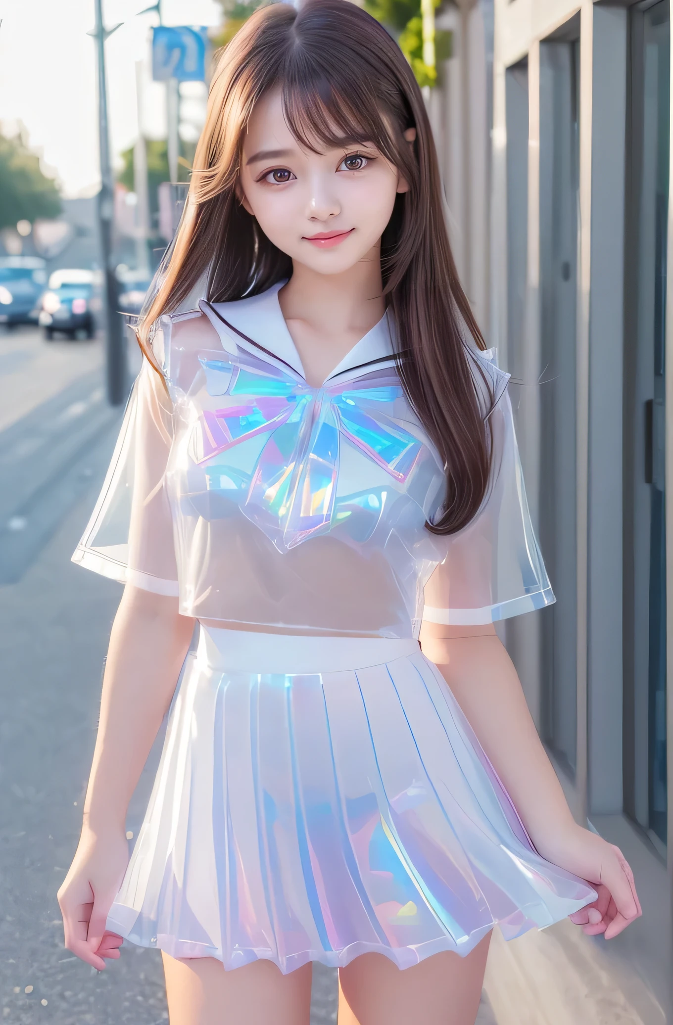 Very beautiful cute girl) (very cute face:1.2),(*********),(sparking clear attractive large eyes:1.2), Beautiful detailed eyes, Detailed double eyelids, smiling, (realistic photograph:1.1), in the street,
(super shiny white transparent holographic sailor high school uniform:1.2),(super shiny white transparent holographic pleated mini skirt :1.1),
(brown hair:1.2),professional portrait ,costume with very smooth and strong reflective surfaces 