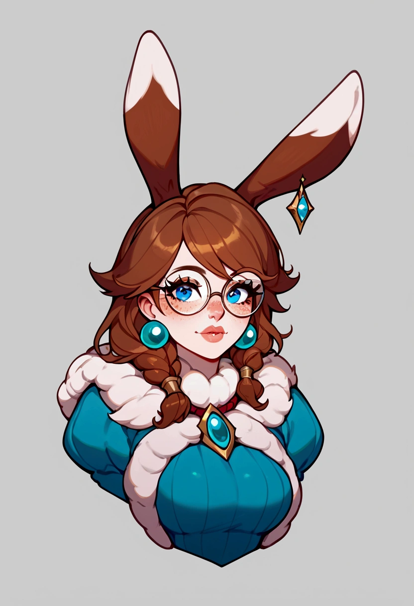 score_9, score_8_up, score_7_up, Aurora (League of Legends), 1 girl, blue eyes, brown hair, sexy, round glasses, freckles, bunny ears, full body, Daisy (Mario Bros) cosplay, squinty eyes, earrings, long eyelashes, sexy, big bust, beautiful face,