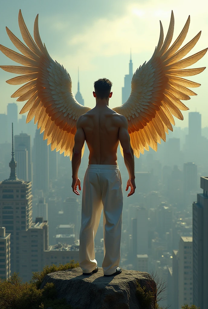 [Core Concept] A tattooed man with black hair and golden eyes, possessing angelic wings, stands on the terrace of a high-rise building in a night-time city.

[Character Description] The man is tall and muscular, his body covered in intricate tattoos that seem to dance across his skin. His piercing golden eyes gaze intently, conveying a sense of both power and mystery. Large, feathered wings, white and radiant, extend from his back, casting a soft glow over the surrounding environment.

[Environment/Background] The scene takes place atop a towering urban building, overlooking the vibrant city below. The night sky is filled with twinkling stars and the distant lights of skyscrapers, creating a captivating and atmospheric backdrop.

[Style and Atmosphere] The overall mood is one of ethereal wonder and mysticism, with the man's angelic wings serving as a striking contrast to the modern, man-made environment. The scene has a sense of tranquility and contemplation, despite the bustling city below.

[Composition] The man is positioned in the center of the frame, his wings unfurled and commanding the viewer's attention. The city skyline and night sky fill the background, creating a sense of depth and scale that emphasizes the man's solitary presence on the terrace.

[Details and Embellishments] Small details, such as the play of light and shadow across the man's tattoos and the delicate texture of his feathers, add depth and realism to the scene. The overall atmosphere is one of mystery and intrigue, inviting the viewer to ponder the man's purpose and the significance of his angelic presence in this urban setting.

[Technical Specifications] The image should be rendered in a high-resolution, photorealistic style, with careful attention to lighting, textures, and atmospheric effects to create a sense of depth and immersion.