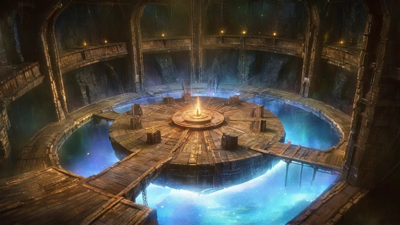 sci-fi, indoor, water, wooden bridge, deserted, ruins, ancient building, aurora borealis, dark, scenery, secret box floating in the air in the middle of the building, glowing from inside, stone wall, chain, fantasy, stage lights, planet ,skyscraper,horror,candlelight