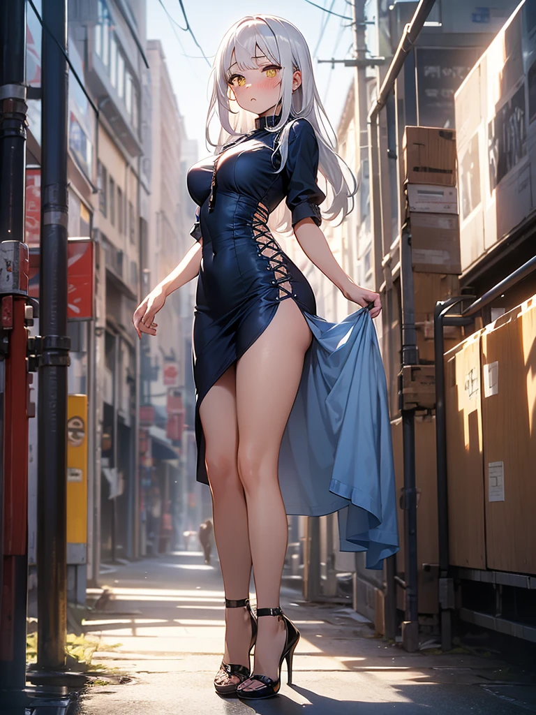 8K, Girl, solo, Full Body, Long hair, white hair, Yellow eyes, Sad mouth, blush, nervous, detailed face, Breasts, big Breasts, large Breasts, big Butt, Short dress, Tiny dress, Dark BLUE dress, tight dress, in a public walmart