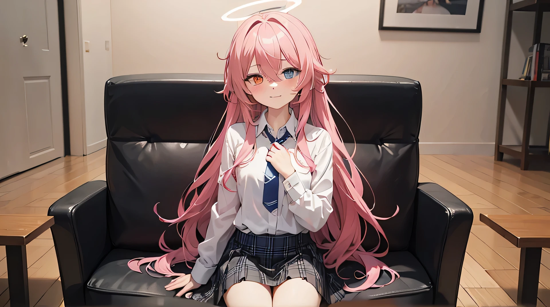 1 woman, Hoshino (Blue Archive), Alone, heterochromia, pink hair, skirt, Long hair, necktie, Ahoge, shirt, halo, plaid skirt, Blue eyes, plaid, Look at the viewer, white shirt, seat, orange eyes, chest harness, harness, long sleeves, ID, dehisce, very Long hair, collared shirt, laugh, blue necktie, forehead, Step out of the frame, between legs, hand between legs, blush, Hair between the eyes, mackerel,masterpiece, Best quality