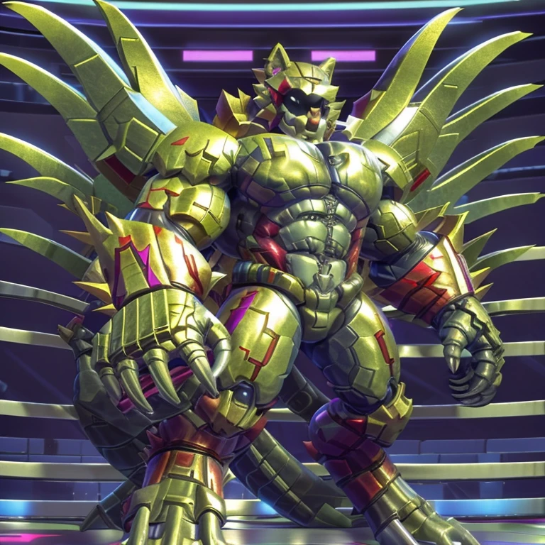 (freddy wolf, 8K), (freddy wolf's giant robot, Powered exoskeleton with the same design as freddy wolf), (Masterpiece, highres) (Detailed head, Detailed Body, Detailed abs, full body) (gigantic muscles, Gigachad Muscular, big muscle, pecs, triceps, traps, unusually developed muscular body, body full of huge muscles. showing off muscles, pectorales enormes, Exaggeratedly huge muscles.) (nj5furry, The claws are sharp, Sharp teeth, sharp claws), (long legs), (Spread wings, It has wings, have big wings, golden wings), (Wrestling, wrestler, the bodybuilding), (It has wings, whole body shines like metal, Wearing cyberpunk mecha, emphasizes the muscles, suit fully made of metal, intricate armor, Robotic suit, suit fully made of metal, cyborg), menacing pose, The whole body is golden. no face. BULK UP. The whole body is golden. wearing a full-face helmet. no blue. no red. A pose that shows off your muscles.