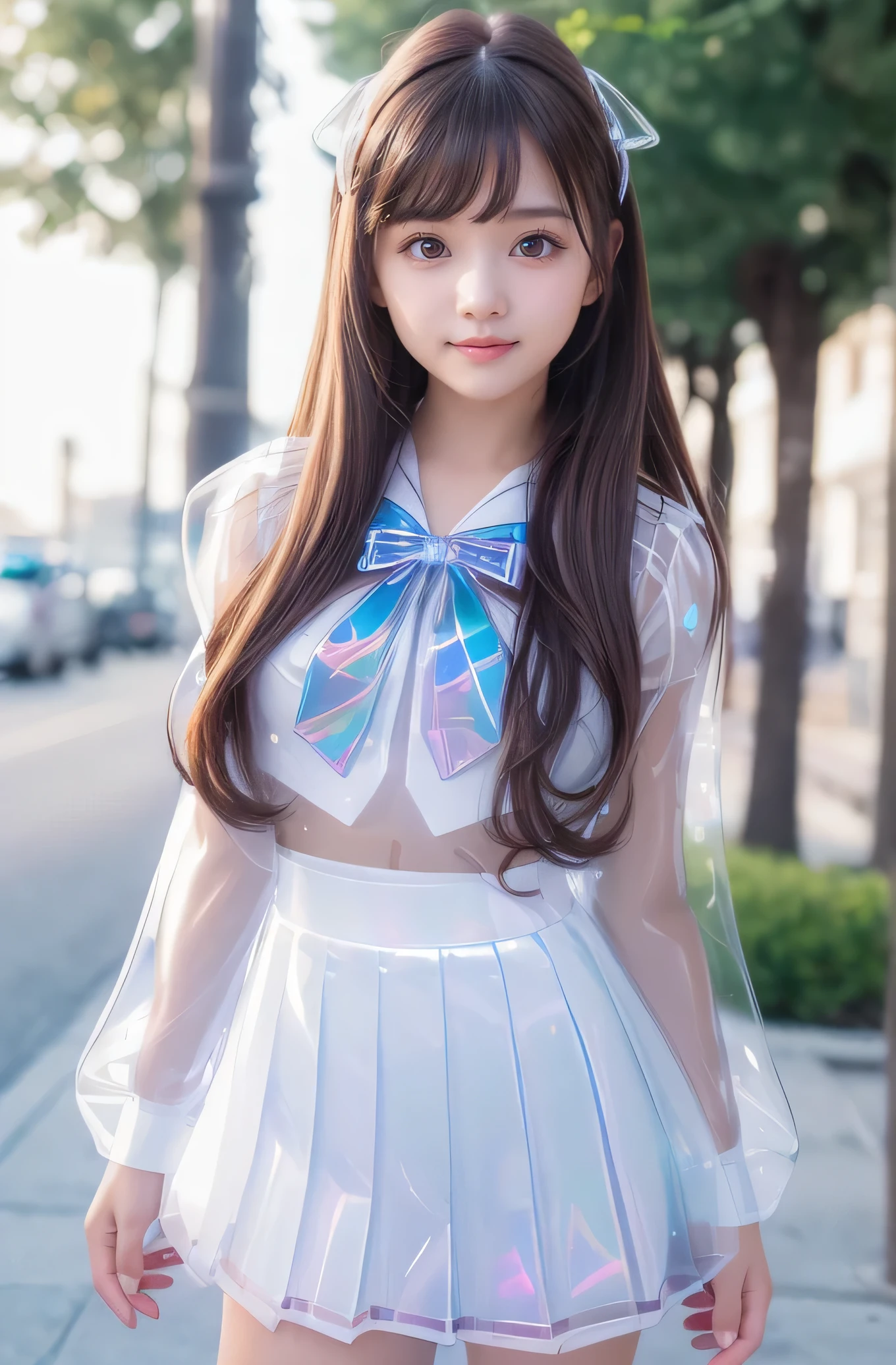 Very beautiful cute girl) (very cute face:1.2),(),(sparking clear attractive large eyes:1.2), Beautiful detailed eyes, Detailed double eyelids, smiling, (realistic photograph:1.1), in the street,
(super shiny white transparent holographic sailor high school uniform:1.2),(super shiny white transparent holographic pleated mini skirt :1.1),
(brown hair:1.2),professional portrait ,costume with very smooth and strong reflective surfaces