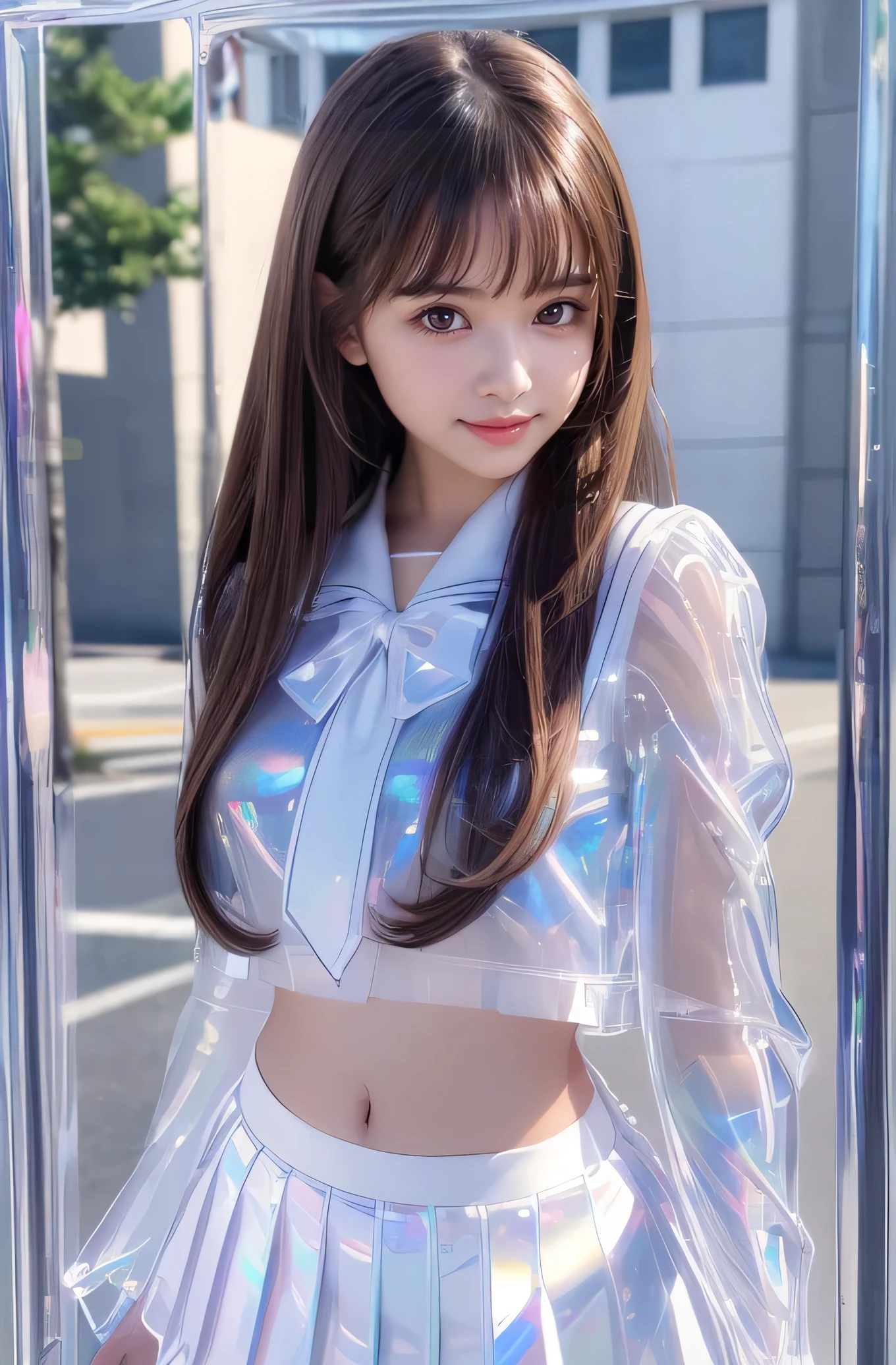 Very beautiful cute girl) (very cute face:1.2),(),(sparking clear attractive large eyes:1.2), Beautiful detailed eyes, Detailed double eyelids, smiling, (realistic photograph:1.1), in the street,
(super shiny white transparent holographic sailor high school uniform:1.2),(super shiny white transparent holographic pleated mini skirt :1.1),
(brown hair:1.2),professional portrait ,costume with very smooth and strong reflective surfaces