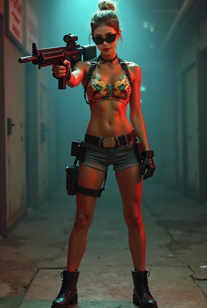 Araffe com uma arma e uma peruca vermelha em uma pista, Ciborgue sereia com um chicote laser, Kim Kardashian como Arlequina, o super quente e sexy, A magia vermelha a rodeia, Supermodelo brasileira, nicki minaj curvy, dominatrix robot, em tinta vermelha, Asuka, dominatrix assassin robot, o extremamente quente e sexy, cyberpunk zangada deusa linda, ultra detailed graphic