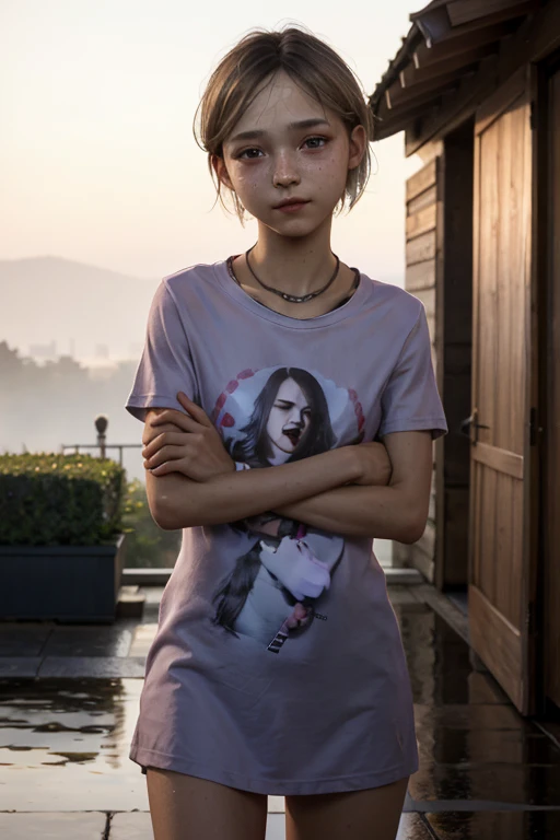 A stunning, intricate full color portrait, 12 year old girl, epic character composition, alessio albi, nina masic, sharp focus, natural lighting, subsurface dispersion, f2, 35mm, portrait, hard shadows, portrait, photography, detailed skin, realistic, photo-realistic, 8k, highly detailed, full length frame, High detail RAW color art, diffused soft lighting, shallow depth of field, sharp focus, hyperrealism, cinematic lighting, perfect face, perfect looks, thin arms, young, 1girl, solo, lean body, flat chest, long shirt, thin thighs, small waist, cold, outside, rain, shirt dress, self hug, young, baby face, show accurate, tight clothes, sad, smile, cute, 