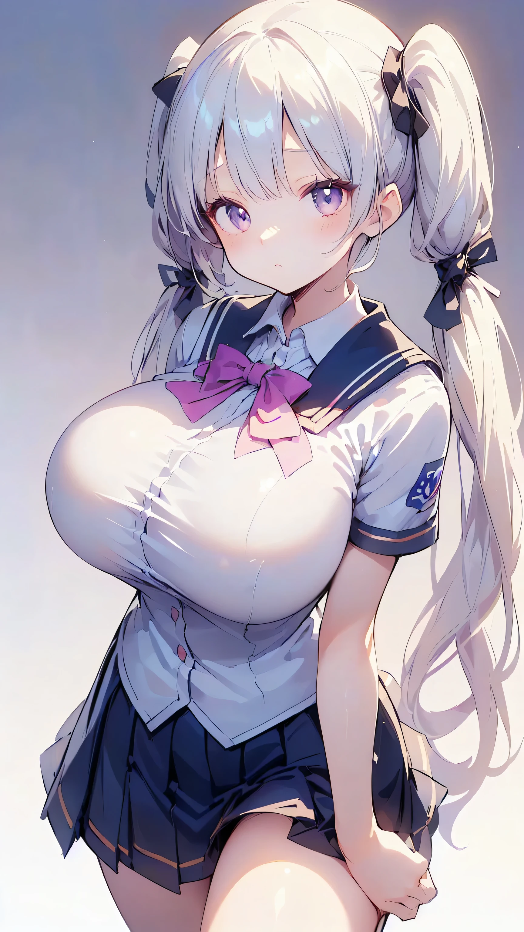 Ultra-high resolution, 8k,high quality,(((Extra low length,Skinny body)),cowboy shot , ((no hat:1.3))),Slender,Cute hairstyle,,(iridescent light,soft shadow,Anime Painting,thin line drawing),((((((super enormous cartoon-like breasts,Young,Student Uniform,Twin tails)),,Girl、Simple Background)))),