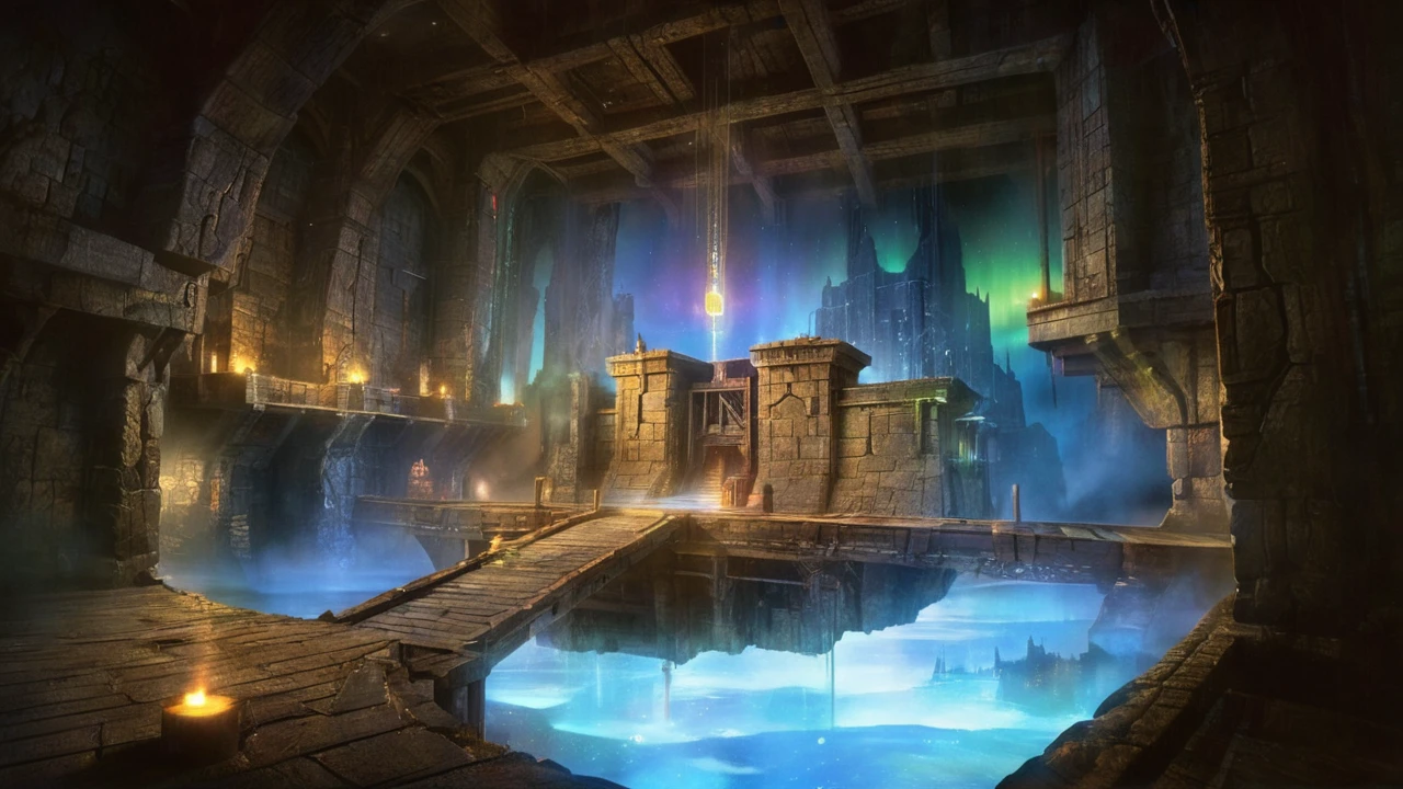 sci-fi, indoor, water, wooden bridge, deserted, ruins, ancient building, aurora borealis, dark, scenery, secret box floating in the air in the middle of the building, glowing from inside, stone wall, chain, fantasy, stage lights, planet ,skyscraper,horror,candlelight