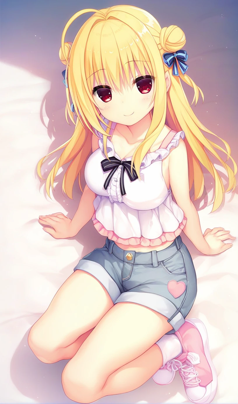 1girl,hiyori-default,hiyori-default,red eyes,blonde hair, double bun,ahoge, long hair, Pastel-colored ruffled tank top, light blue denim shorts, white and pink sneakers, pastel-colored headband, simple mini backpack, One person, smiling,