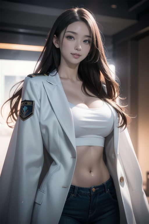 Simple background, (wearing a policewoman uniform and cap: 1.4), good hands, 4k, high resolution, masterpiece, best quality, head: 1.3, ((Hasselblad photography)), fine skin, clear focus, (cinematic lighting), soft lighting, dynamic angle, [:( detailed face: 1.2): 0.2], medium breasts, breasts, (((inside the mansion))), (chest exposed: 1.3), 1 girl, jewelry, earrings, orange_sky, solo, mole, long_hair, mole_under_eye, upper_body, grey_eyes, looking_at_viewer,, Brunet, Fashion, (head tilt: 1.4), Simple background, Red background,
