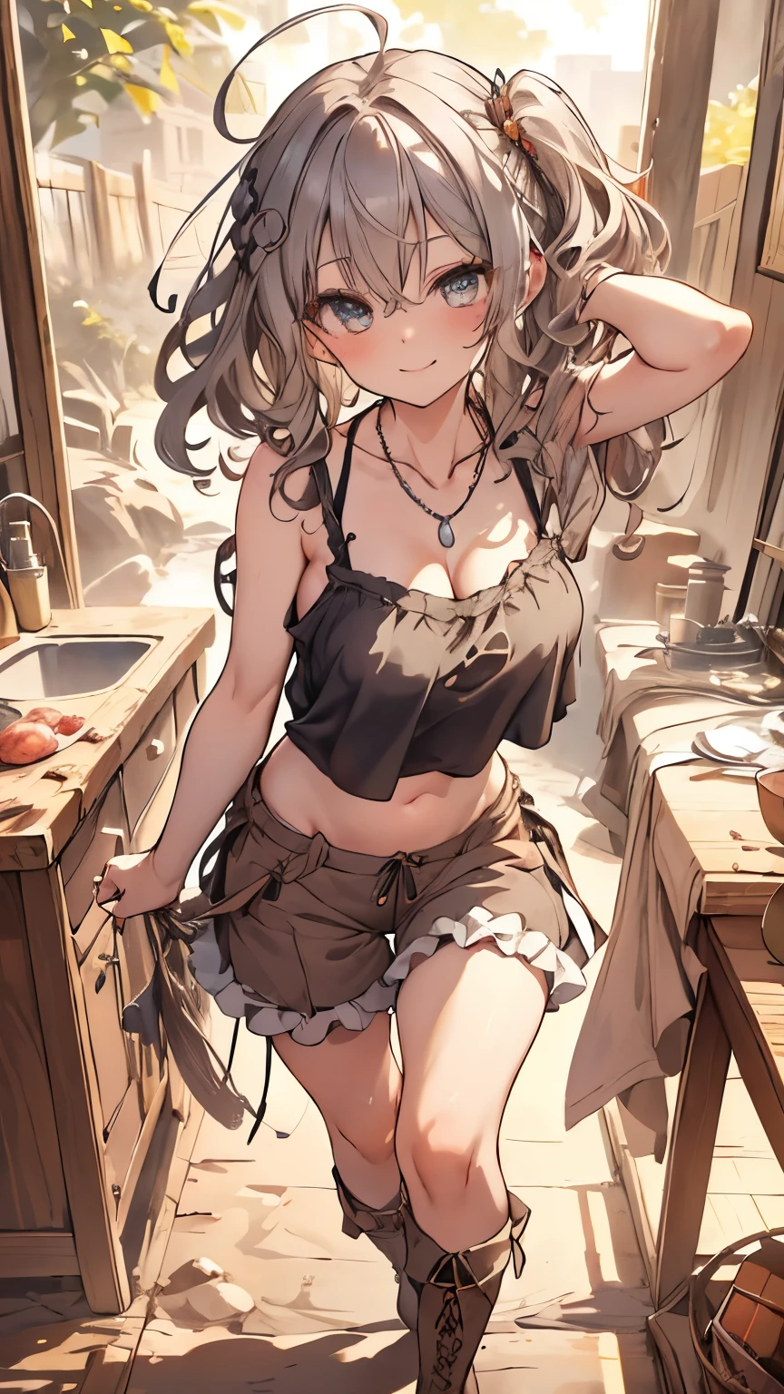 masterpiece, 1 girl, sparrow, a silver haired girl, wearing a medieval villager clothes, curly medium hair, messy hair, slim body, he close her left eye, shirt ornament, ruby eyes, ahoge, baby face, beautiful eyes, boots, droopy eyes, her age is 19, nagisa_bluearchive, seductive face, medium hair, seductive smile, curly hair, MongolPunkAI, medium breasts, view from right down, she tease you, lend a hand to you, she very close to you, smug smile, rainbow_one, tanktop, bloomers, crocth tattoo, necklace, erotic smile, kitchen, sleeveless, navel