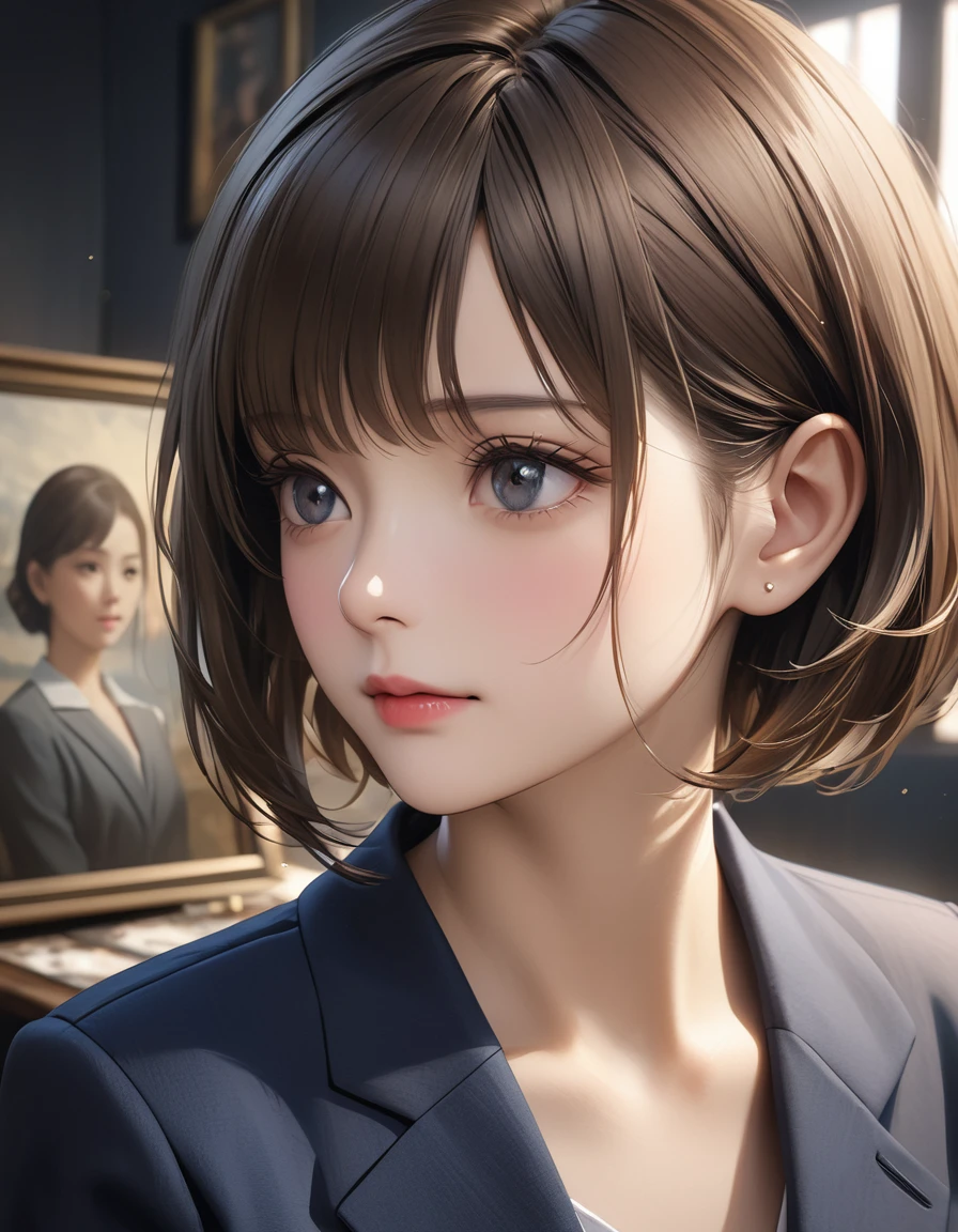 A career woman, 3, wearing a suit、Hairstyle: Short Hair Permanent、Navy blue skirt underneath,(Best Quality、4K、8k、High resolution、masterpiece:1.2)、Super detailed、(Real、Photorealistic、Photorealistic:1.37)、Highly detailed portrait、Dramatic lighting、Cinematic atmosphere、A calming color palette、Oil painting style