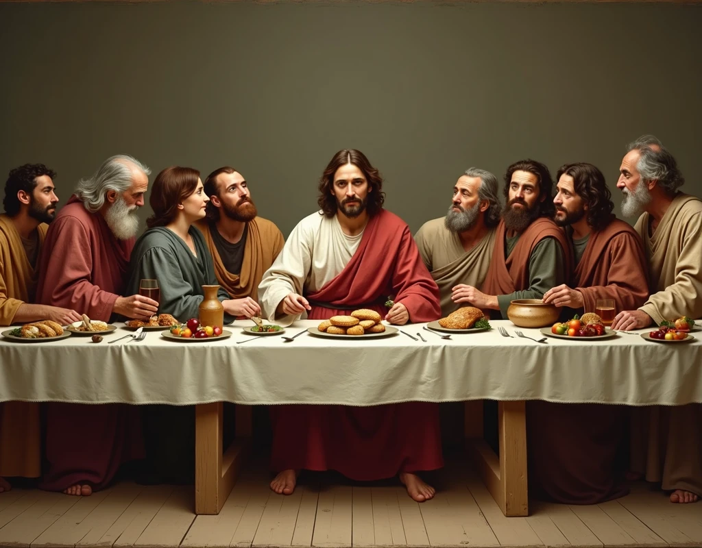 The last supper of Jesus Christ with his twelve apostles between young ...