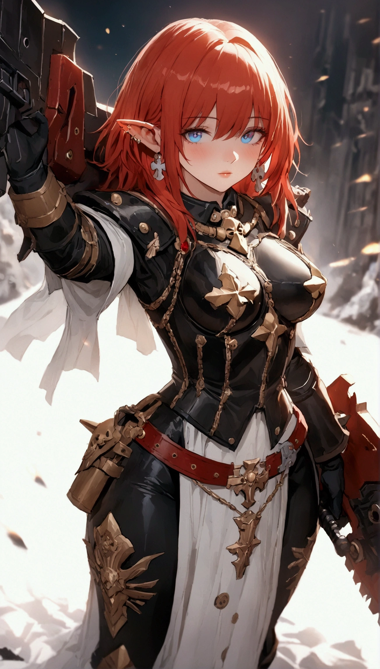 (Masterpiece. The best quality. 8K. Sharp focus. Depth of field, The best shadows. Perfect lighting. HDR. Realistic skin texture. Ultra-detailed background. Details). Anime style. Honkai: Star Rail. 1 girl. March 7. Warhammer 40000. Adeptus Sororitus. Sister of Battle. Fiery red hair. Short hair. Ultra-detailed hair. Earrings with rubies in the ears. Azure blue eyes. Beautiful eyes. Beautiful eyes. Expressive eyes. Ultra-detailed eyes. Perfect face. Beautiful face. Beautiful nose. Thin lips. Ultra-detailed face. Perfect anatomical body. Slender body. Thin waist. B-size breasts. Beautiful arms. Rounded hips. Beautiful long legs. Ultra-detailed body.  Warhammer 40,000 Sisters of Battle armor. Ultra-detailed armor. Chainsword. Holds chainsword in front of her. No background. White background. No wallpaper. White wallpaper. Stands full-length. Stands full-length. Full body.