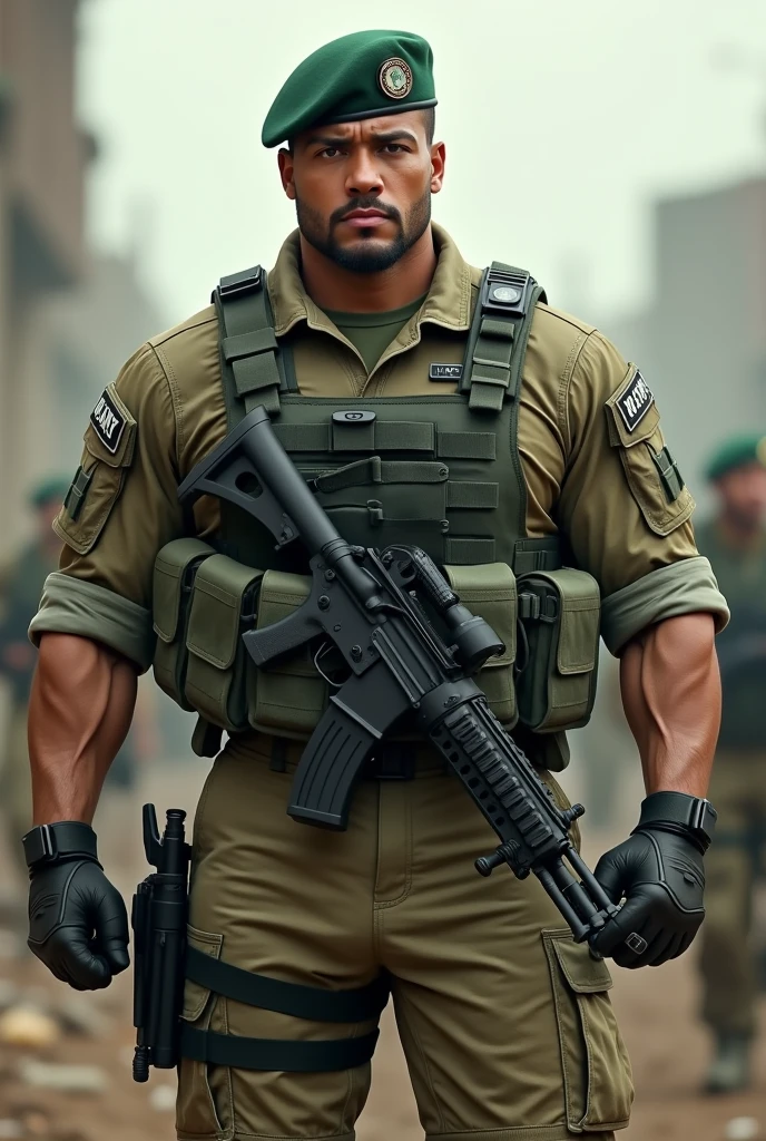 A very handsome big muscular man wearing a soldier combar uniform, with tactical gloves and spec ops green beret, rolled up sleeves, showing biceps, background a battlefield