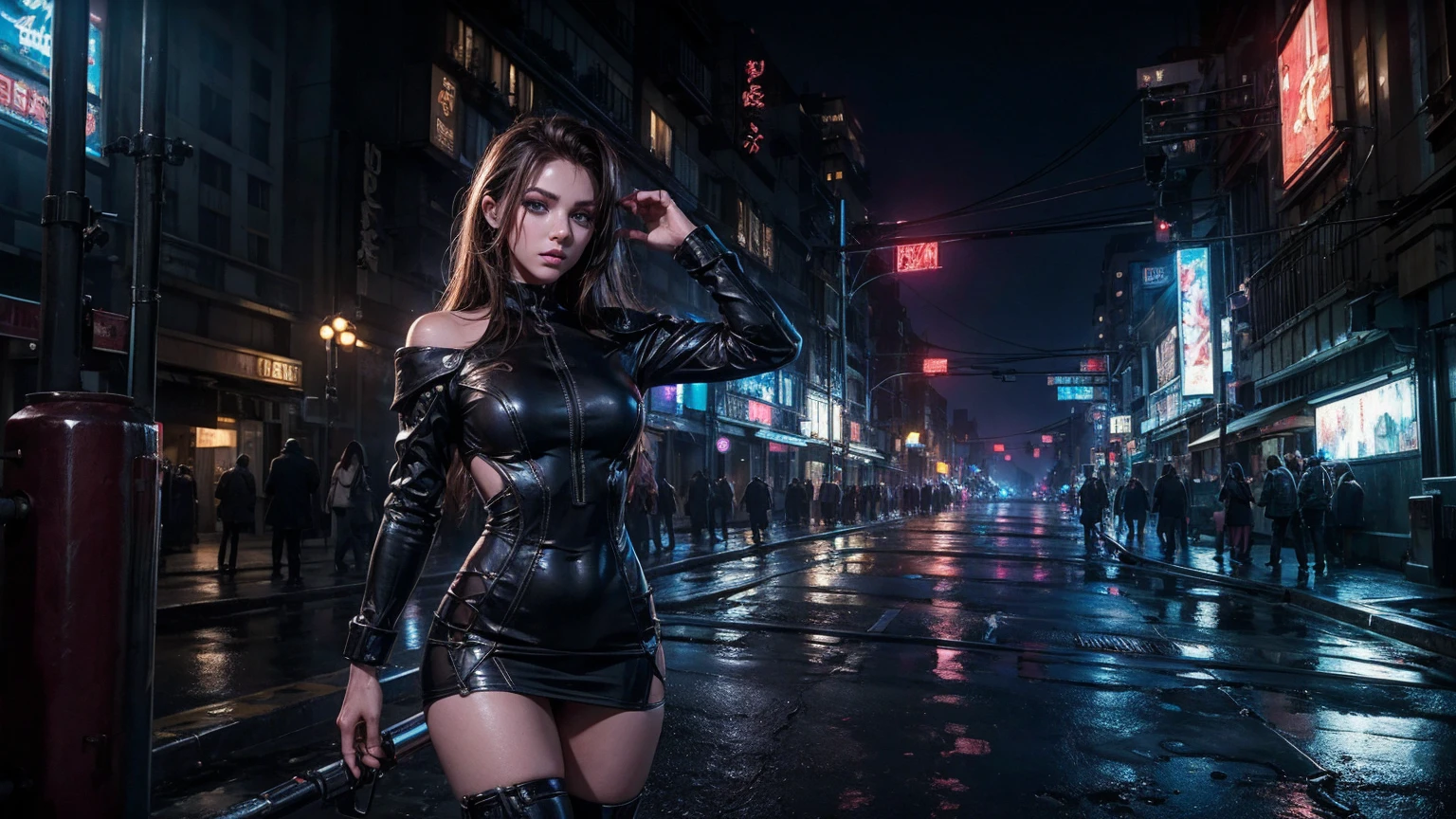 photorealistic,  RAW Extremely detailed,  dynamic Lighting,  highlight the character, 1women,  solo,  hips up,  pose,  shining skin,  Makeup face,  dark long waxy Hair,  cyber punk minidress,  Closed mouth,  Night,  Street,  Standing,  barricade