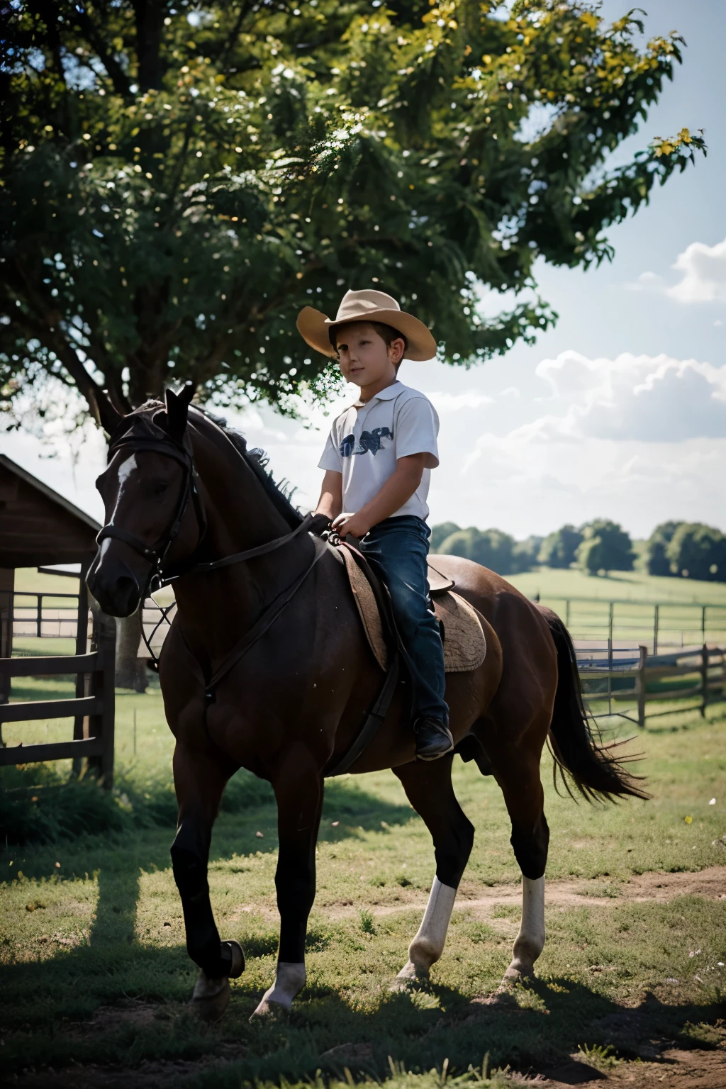 a chubby 8 year old boy wearing cowboy clothes and cowboy hat,in a forest,a horse in the background, ultra realistic details, intricate, 4k
