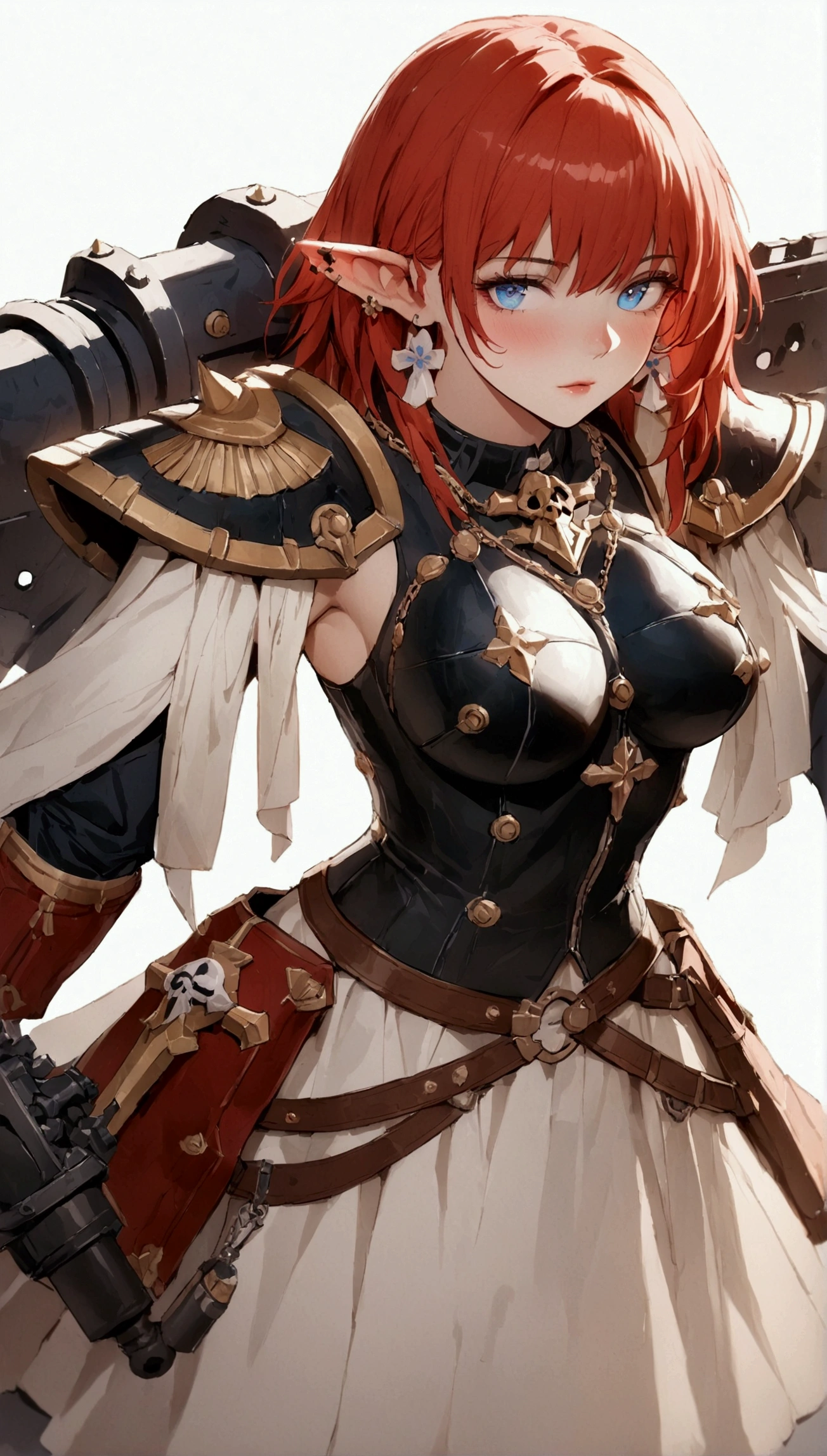 (Masterpiece. The best quality. 8K. Sharp focus. Depth of field, The best shadows. Perfect lighting. HDR. Realistic skin texture. Ultra-detailed background. Details). Anime style. Honkai: Star Rail. 1 girl. March 7. Warhammer 40000. Adeptus Sororitus. Sister of Battle. Fiery red hair. Short hair. Ultra-detailed hair. Earrings with rubies in the ears. Azure blue eyes. Beautiful eyes. Beautiful eyes. Expressive eyes. Ultra-detailed eyes. Perfect face. Beautiful face. Beautiful nose. Thin lips. Ultra-detailed face. Perfect anatomical body. Slender body. Thin waist. B-size breasts. Beautiful arms. Rounded hips. Beautiful long legs. Ultra-detailed body.  Warhammer 40,000 Sisters of Battle armor. Ultra-detailed armor. Chainsword. Holds chainsword in front of her. No background. White background. No wallpaper. White wallpaper. Stands full-length. Stands full-length. Full body.