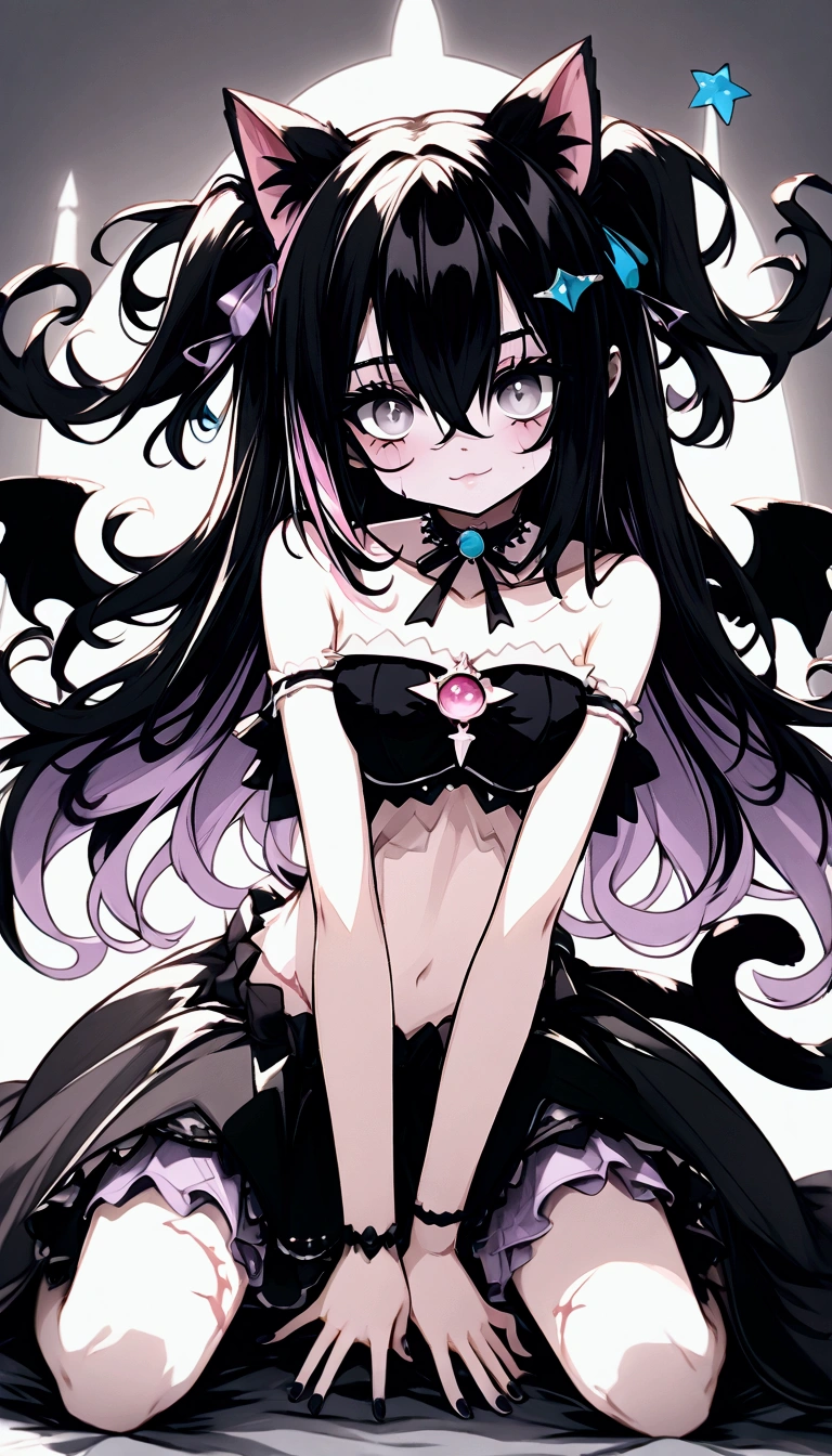 NSFW,masterpiece,Highest quality,High resolution,Very detailed,white\(no game No life\),Small breasts,Multicolored Hair,Gradient Hair,Bad smile,blush,(devil),devilの角,devilのしっぽ,devilの羽,High-quality black frill dress,leotard,Fishnet tights,Bossy Pose,Abandoned Castle