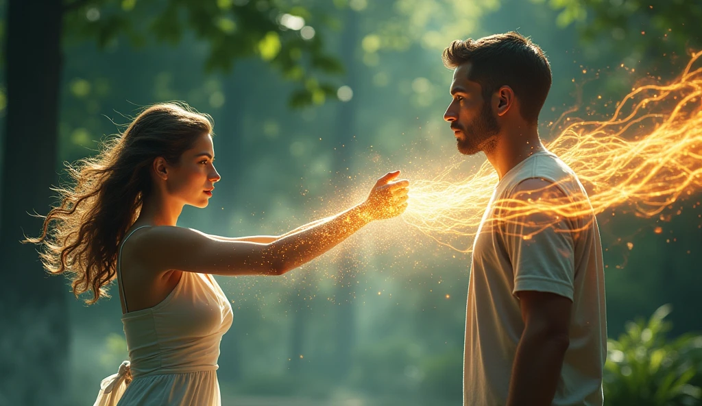a humanoid being glowing in neon, touching another humanoid being with half of its body glowing in neon