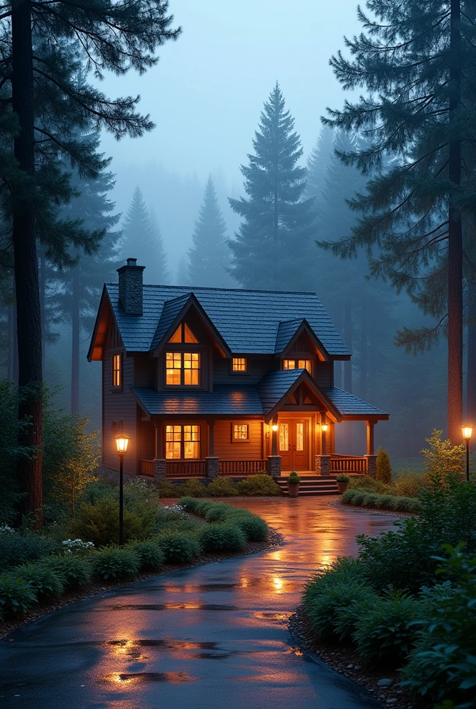 A cozy, two-story house with warm glowing lights sits in the foreground, surrounded by tall evergreen trees. The scene is set at dusk, with a soft mist enveloping the area. A wet, reflective driveway leads up to the house, illuminated by nearby street lamps. The atmosphere is tranquil and inviting, with lush greenery and a quiet ambiance.