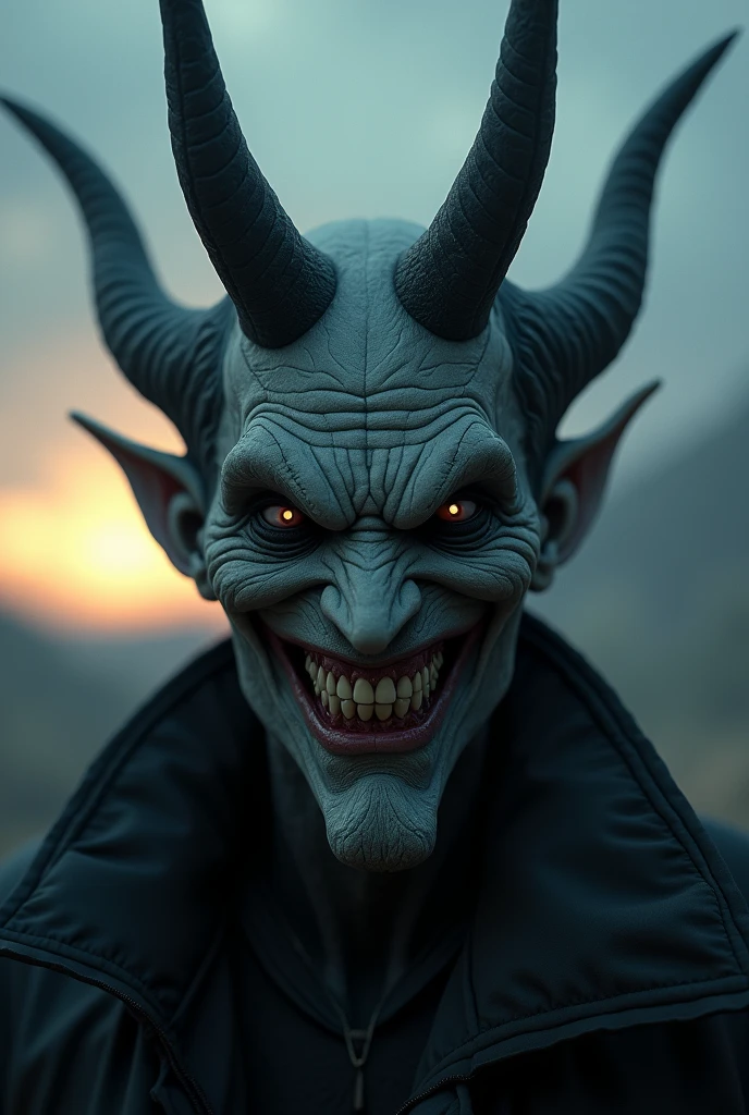 A scary face without eyelids and wide eyes is staring at the camera with a crazy look while smiling wide and scary.,have horns ,4K,ultra HD,Realistic, horror photography,dark