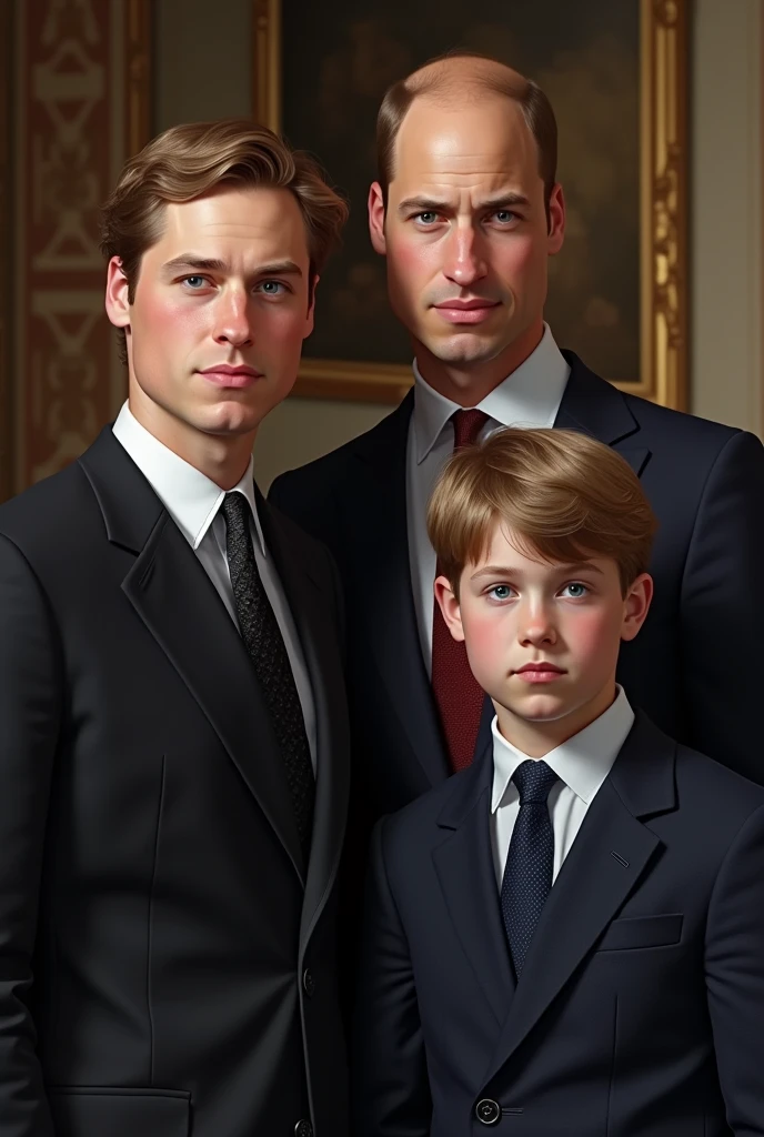 prince William with hair and with his son prince george as a teenager. both of them with hair. their hair usually, Prince William with his hair like when he was a young adult, and not bald and George with his usual length of hair