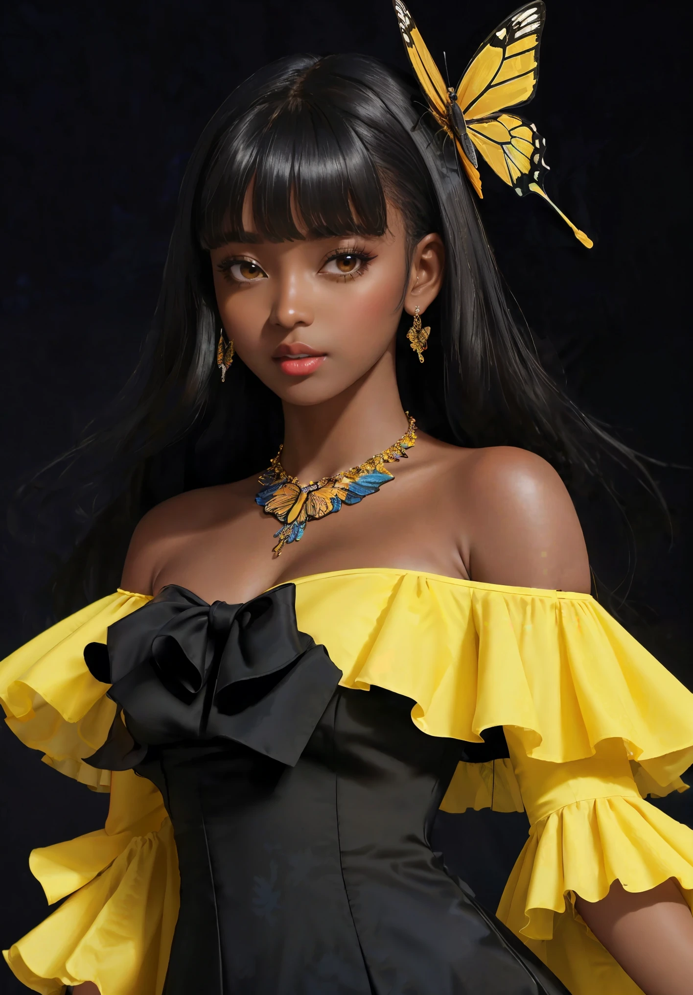 (((Masterpiece))), a influencer woman, top quality, super detailed, sweet and outgoing, club style, dark skin, permed black hair, bangs, Yellow Chiffon Ruched Sleeves Frill Hem Bodycon Dress, butterfly necklace, bow, Dance Club background

