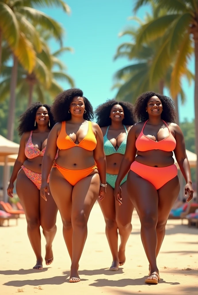 Three black women and three blonde women, beautiful, thick and curvy wearing a red thong bikini, one standing with her back to the camera and the other two squatting, showing their butts