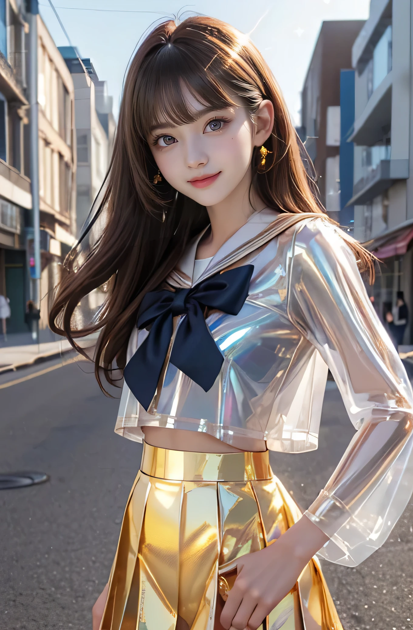 Very beautiful cute girl) (very cute face:1.2),(),(sparking clear attractive large eyes:1.2), Beautiful detailed eyes, Detailed double eyelids, smiling, (realistic photograph:1.1), in the street,
(super shiny gold transparent holographic sailor high school uniform:1.2),(super shiny gold transparent holographic pleated mini skirt :1.1),
(brown hair:1.2),professional portrait ,costume with very smooth and strong reflective surfaces