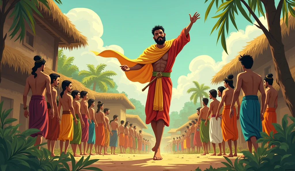 Villagers Admiring Dhruv’s(indian farmer) Harvest
Description: A comic-style image of Dhruv, surrounded by the villagers who once mocked him. They’re now admiring his rich harvest. Dhruv, in his usual white dhoti and brown kurta, is handing out wheat sheaves to the villagers, who look grateful and impressed
In same photo use the previous one photo image