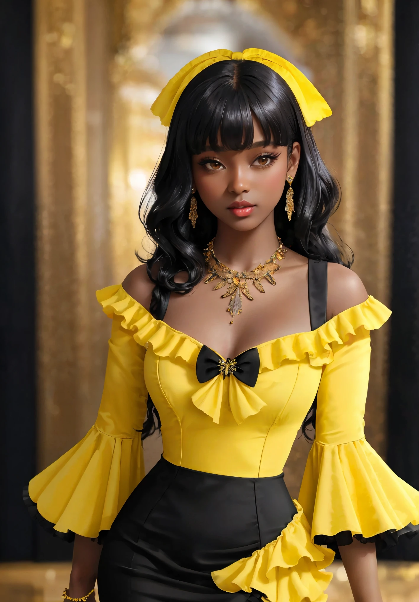 (((Masterpiece))), a influencer woman, top quality, super detailed, sweet and outgoing, club style, dark skin, permed black hair, bangs, Yellow Chiffon Ruched Sleeves Frill Hem Bodycon Dress, butterfly necklace, bow, Dance Club background

