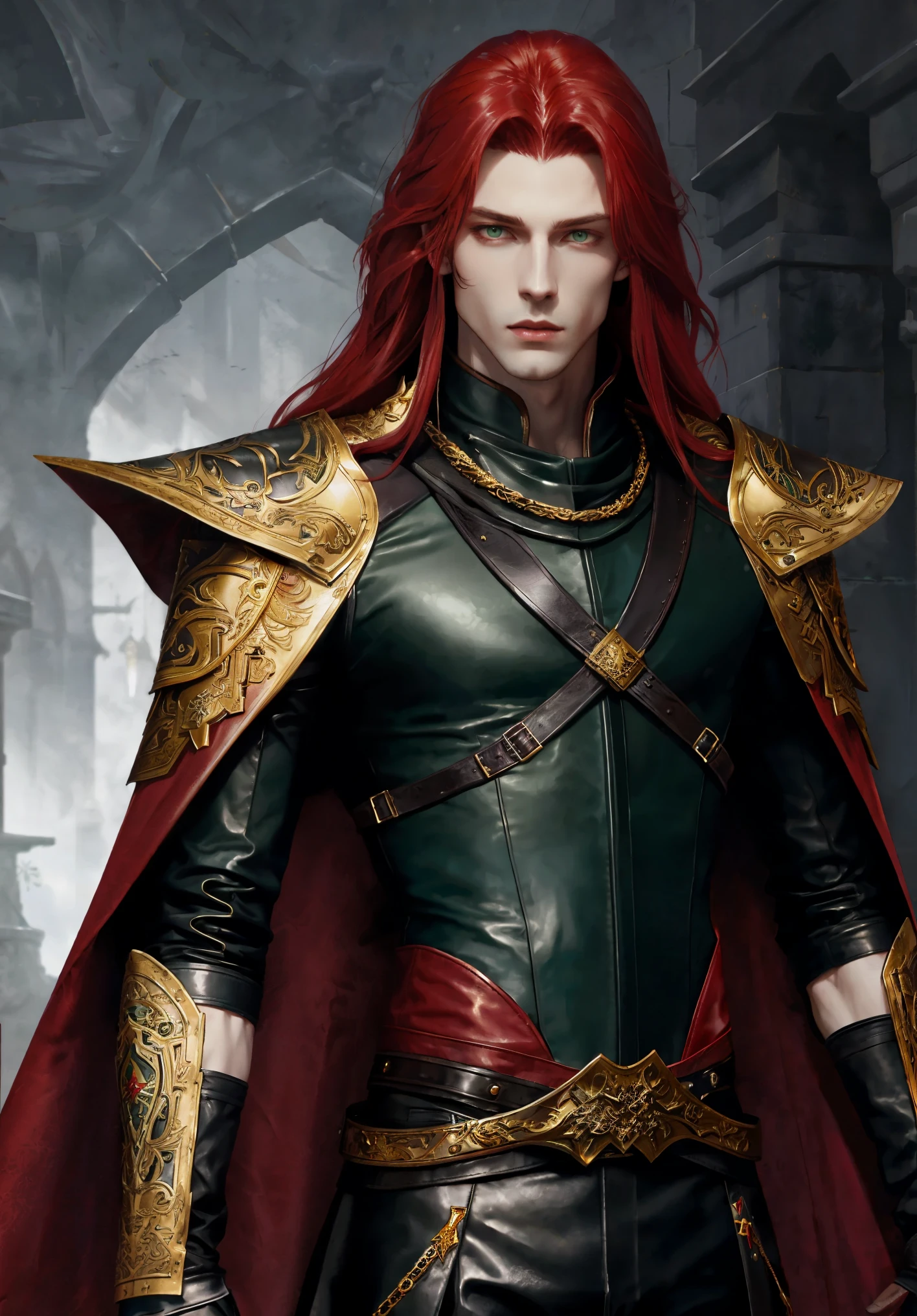 male grey skin,  very long voluminous red hair, green eyes, black leather clothes, leather, fitting clothes, gold details, lean thin physique, haughty, ,white clothing, white garbs, adult, male, fantasy character, dnd