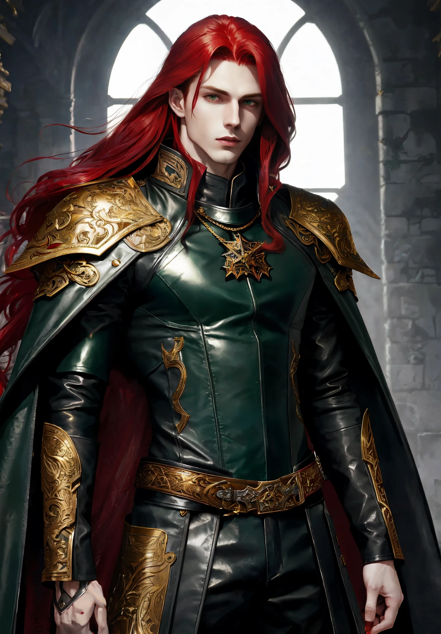 male grey skin,  very long voluminous red hair, green eyes, black leather clothes, leather, fitting clothes, gold details, lean thin physique, haughty, ,white clothing, white garbs, adult, male, fantasy character, dnd