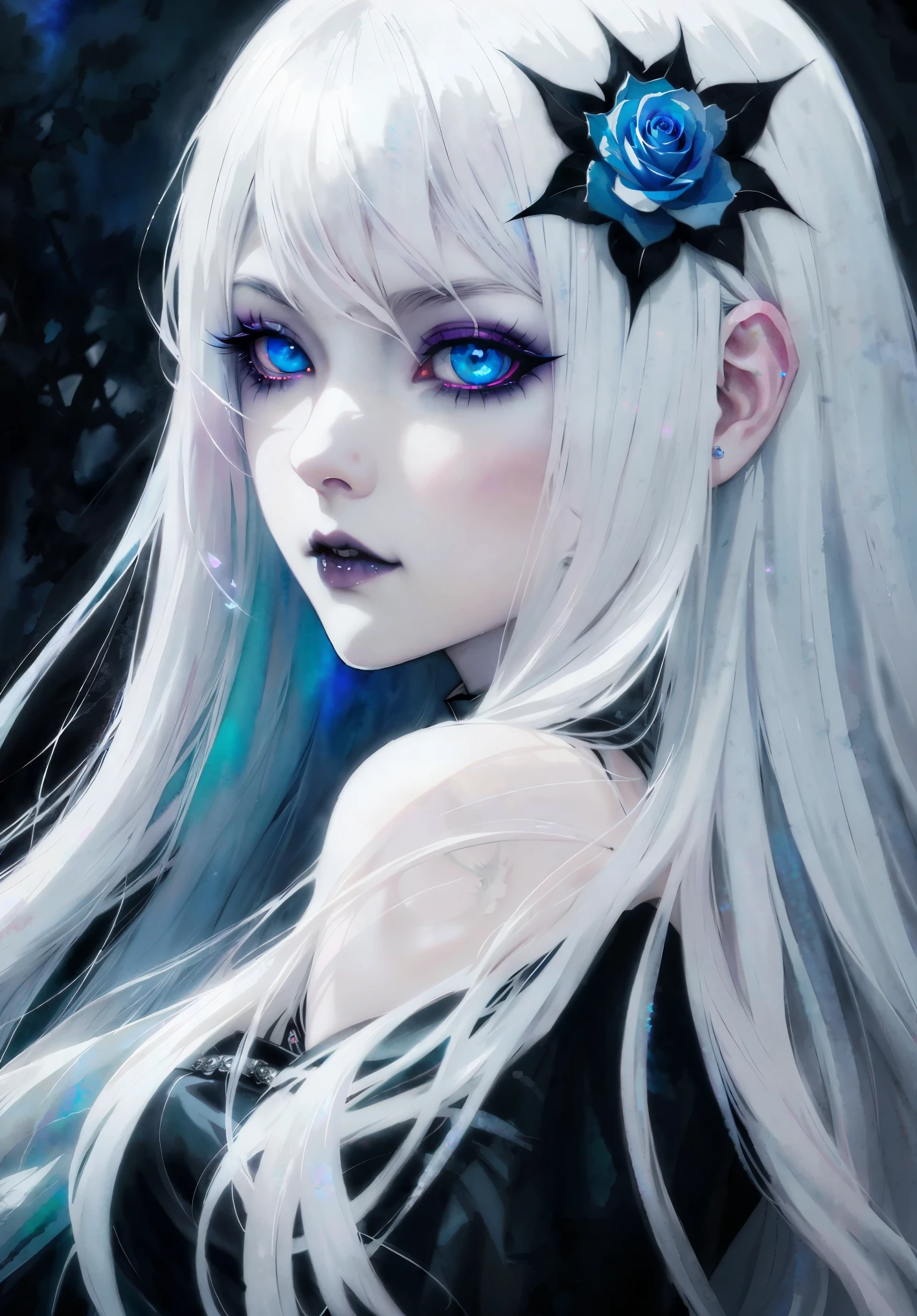  anime  Vampire girl, long white hair, gothic style, white roses in hair,light white eyelashes ,glowing opal blue eyes, digital illustration, comic style, gothic renaissance, perfect anatomy, centered, approaching perfection, dynamic, highly detailed, watercolor painting, artstation, concept art, smooth, sharp focus, illustration, art by wlop and ross tran , 