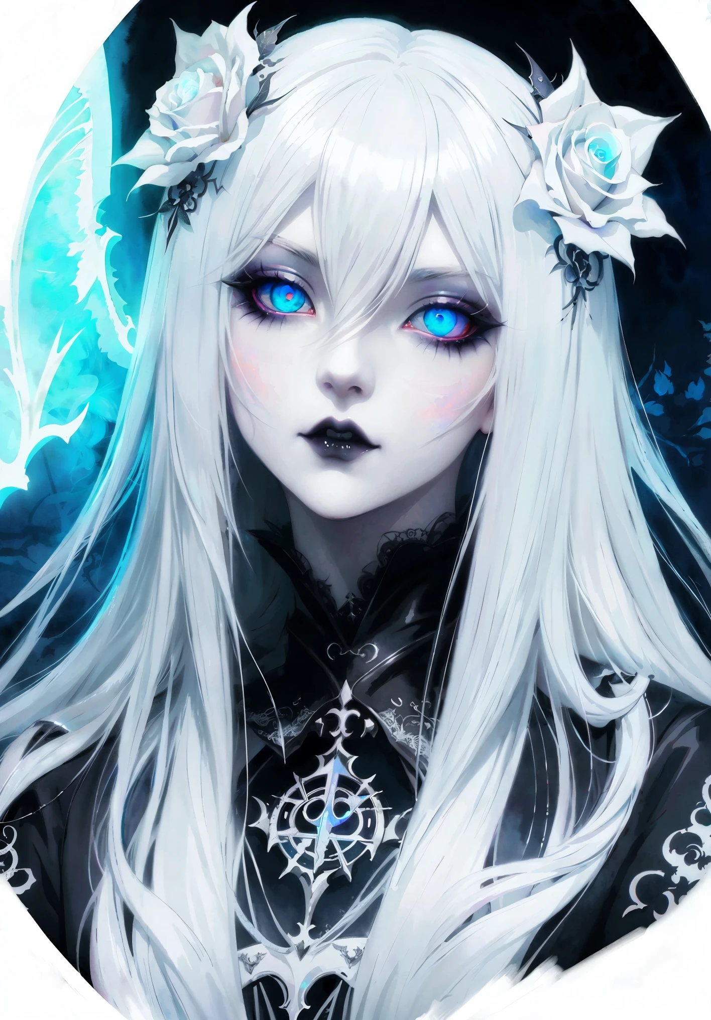  anime  Vampire girl, long white hair, gothic style, white roses in hair,light white eyelashes ,glowing opal blue eyes, digital illustration, comic style, gothic renaissance, perfect anatomy, centered, approaching perfection, dynamic, highly detailed, watercolor painting, artstation, concept art, smooth, sharp focus, illustration, art by wlop and ross tran , 