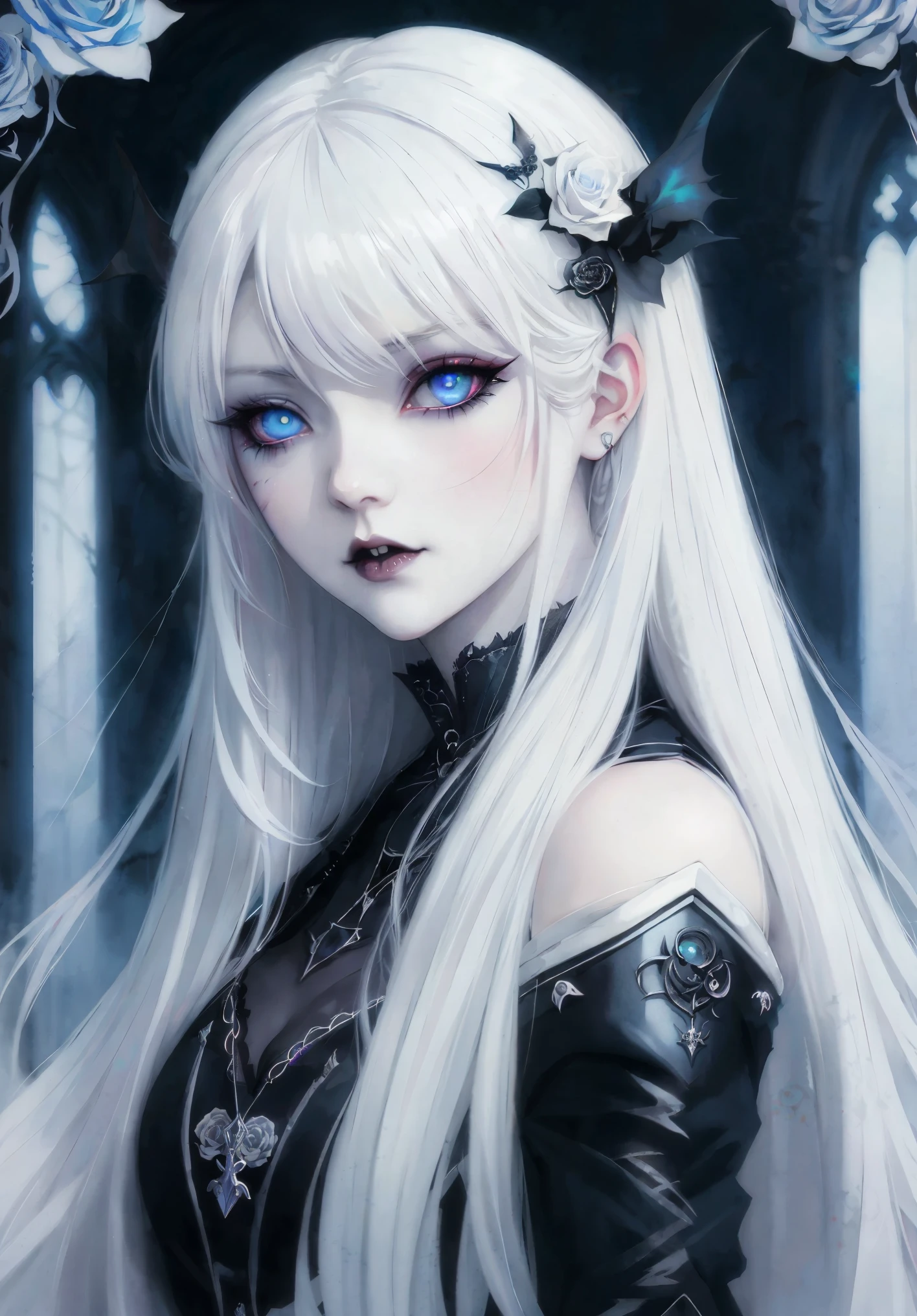  anime  Vampire girl, long white hair, gothic style, white roses in hair,light white eyelashes ,glowing opal blue eyes, digital illustration, comic style, gothic renaissance, perfect anatomy, centered, approaching perfection, dynamic, highly detailed, watercolor painting, artstation, concept art, smooth, sharp focus, illustration, art by wlop and ross tran , 