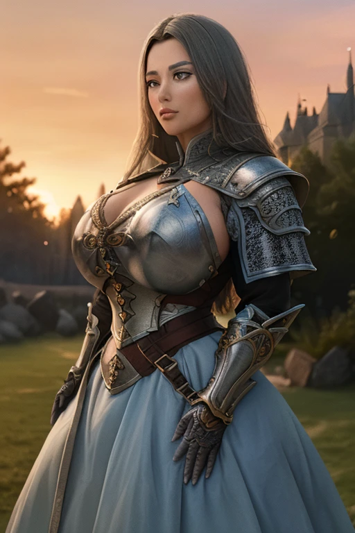 (masterpiece), (extremely intricate:1.3), (realistic), photo of a girl, the most beautiful in the world, (medieval armor), upper body, outdoors, far away castle, professional photograph of a stunning woman detailed, sharp focus, dramatic, award winning, cinematic lighting, volumetrics dtx, (film grain, blurry background, blurry foreground, bokeh, depth of field, sunset, motion blur:1.3), 4k, 8k, hd, hdr, KnightT, armor