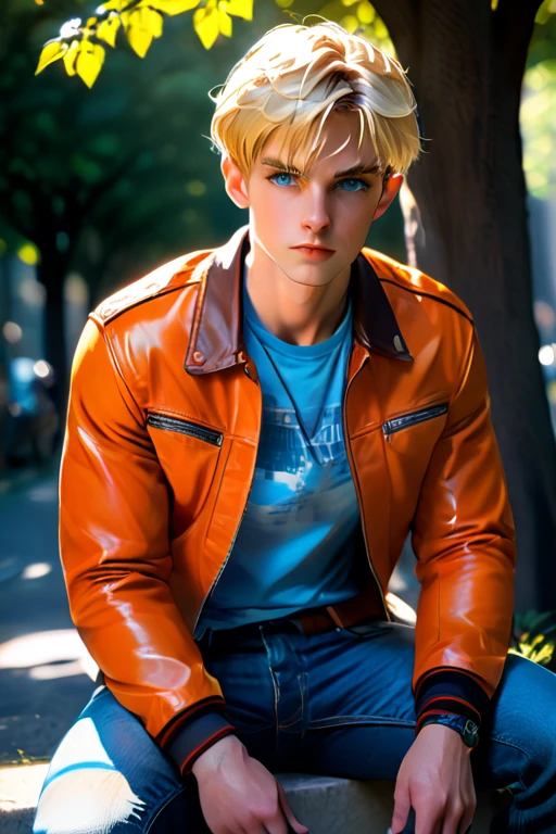 1 college man; age 28; masculine adult; toned and muscular, athletic; cropped neat short blonde hair in a crew-cut; serious blue eyes; fair skin; smug; rugged good looks; strong square wide jaw; broad-chin; wearing a tie-dyed t-shirt, orange leather jacket and undamaged blue jeans; trending on artstation; masterpiece; complex volumetric lighting; strong shadows; artistic lighting; dynamic; energetic vibe; realistic skin; specular highlights; micro-textures; highly detailed hair; physically active; sitting under a tree with a textbook; black pupils;