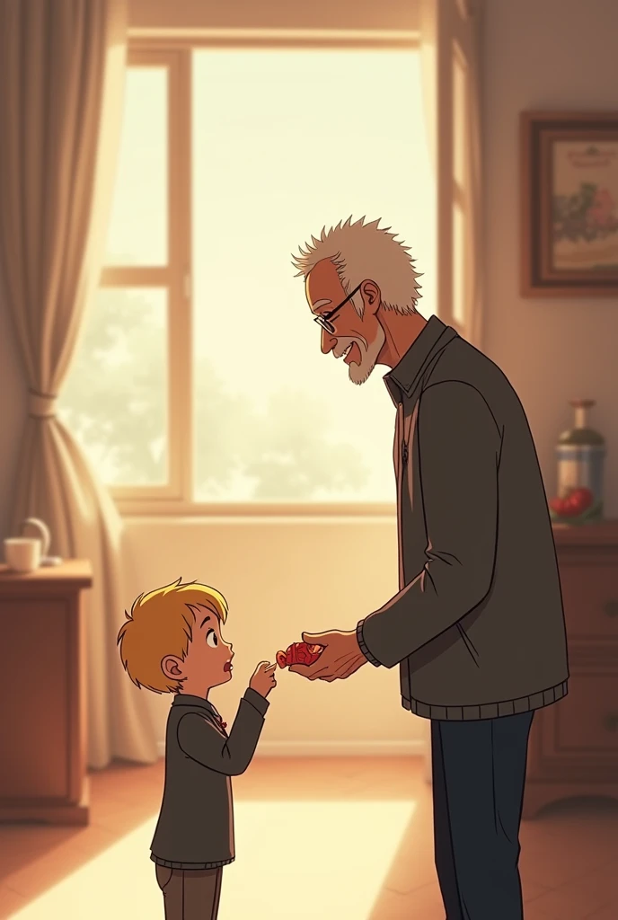 (Anime style:1.5), (highly detailed), (kind-looking old woman appearing from a side room), (white hair and red eyes), (gentle smile), (interior of the candy house), (offering more sweets to 1 boy and 1 girl), (warmly lit interior), (subtle hints of something sinister in the background), (walls made of gingerbread and candy), (sweets and treats all around)