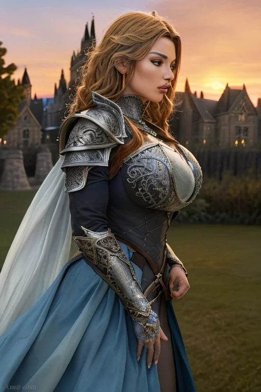 (masterpiece), (extremely intricate:1.3), (realistic), photo of a girl, the most beautiful in the world, (medieval armor), upper body, outdoors, far away castle, professional photograph of a stunning woman detailed, sharp focus, dramatic, award winning, cinematic lighting, volumetrics dtx, (film grain, blurry background, blurry foreground, bokeh, depth of field, sunset, motion blur:1.3), 4k, 8k, hd, hdr, KnightT, armor