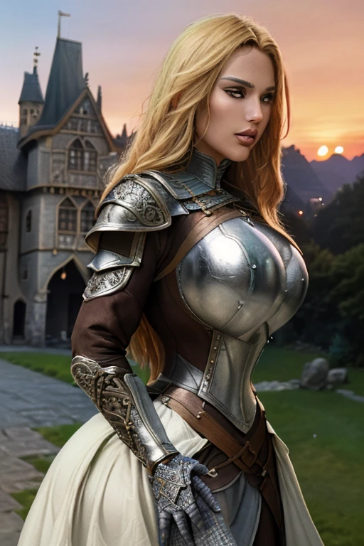 (masterpiece), (extremely intricate:1.3), (realistic), photo of a girl, the most beautiful in the world, (medieval armor), upper body, outdoors, far away castle, professional photograph of a stunning woman detailed, sharp focus, dramatic, award winning, cinematic lighting, volumetrics dtx, (film grain, blurry background, blurry foreground, bokeh, depth of field, sunset, motion blur:1.3), 4k, 8k, hd, hdr, KnightT, armor