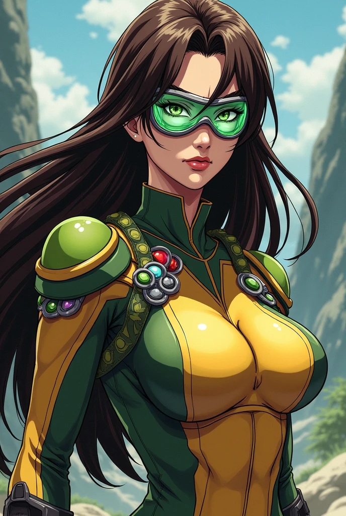 4K, A high resolution, Best quality at best, masterpiece, perfect colors, perfect shadow, perfect litthing, ((sportrait)), 1woman, fit-muscled body, bright yellow eyes，dark brown hair , blue eyes, With round lenses, big breast, The audience watched carefully, (s face: 1.2), Perfect female figure, ((standing)), ((green Tight crop top pure green leather suit)), ((shy and looking at viewert)), (Perfect thick white eyebrows) Delicate fur, 详细s face, s the perfect face, (model pose standing),(abstract background:1.5), (treditional dress:1.2), (shiny skin), (many colors:1.4), upper body