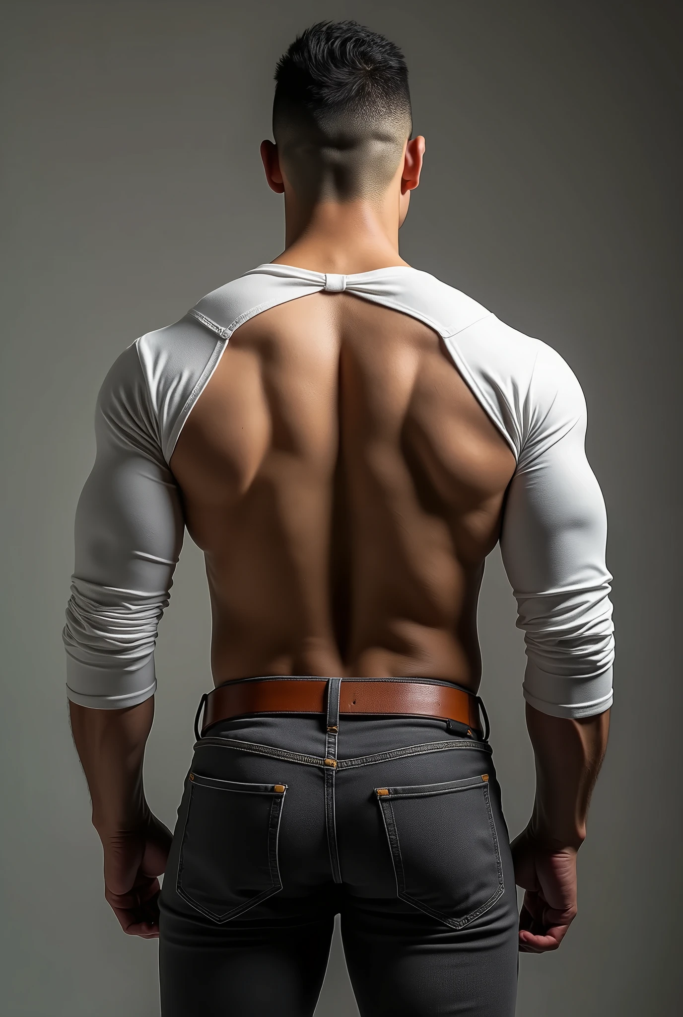 solo,black background,1 boy,arse,male accent,back to shoulder blades,black trousers,bare back,head out of frame,arse accent,trousers down, realistic 