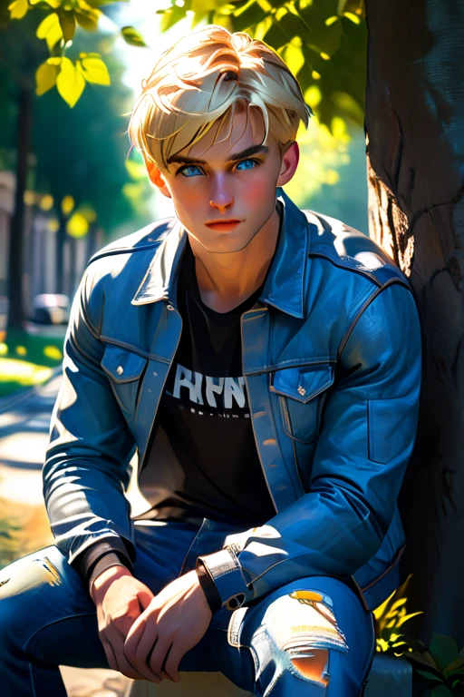 1 college man; age 28; masculine adult; toned and muscular, athletic; cropped neat short blonde hair in a crew-cut; serious blue eyes; square-faced; fair skin; smug; rugged good looks; strong square wide jaw; broad-chin; wearing a tie-dyed t-shirt, orange leather jacket and undamaged blue jeans; trending on artstation; masterpiece; complex volumetric lighting; strong shadows; artistic lighting; dynamic; energetic vibe; realistic skin; specular highlights; micro-textures; highly detailed hair; physically active; sitting under a tree with a textbook; black pupils;