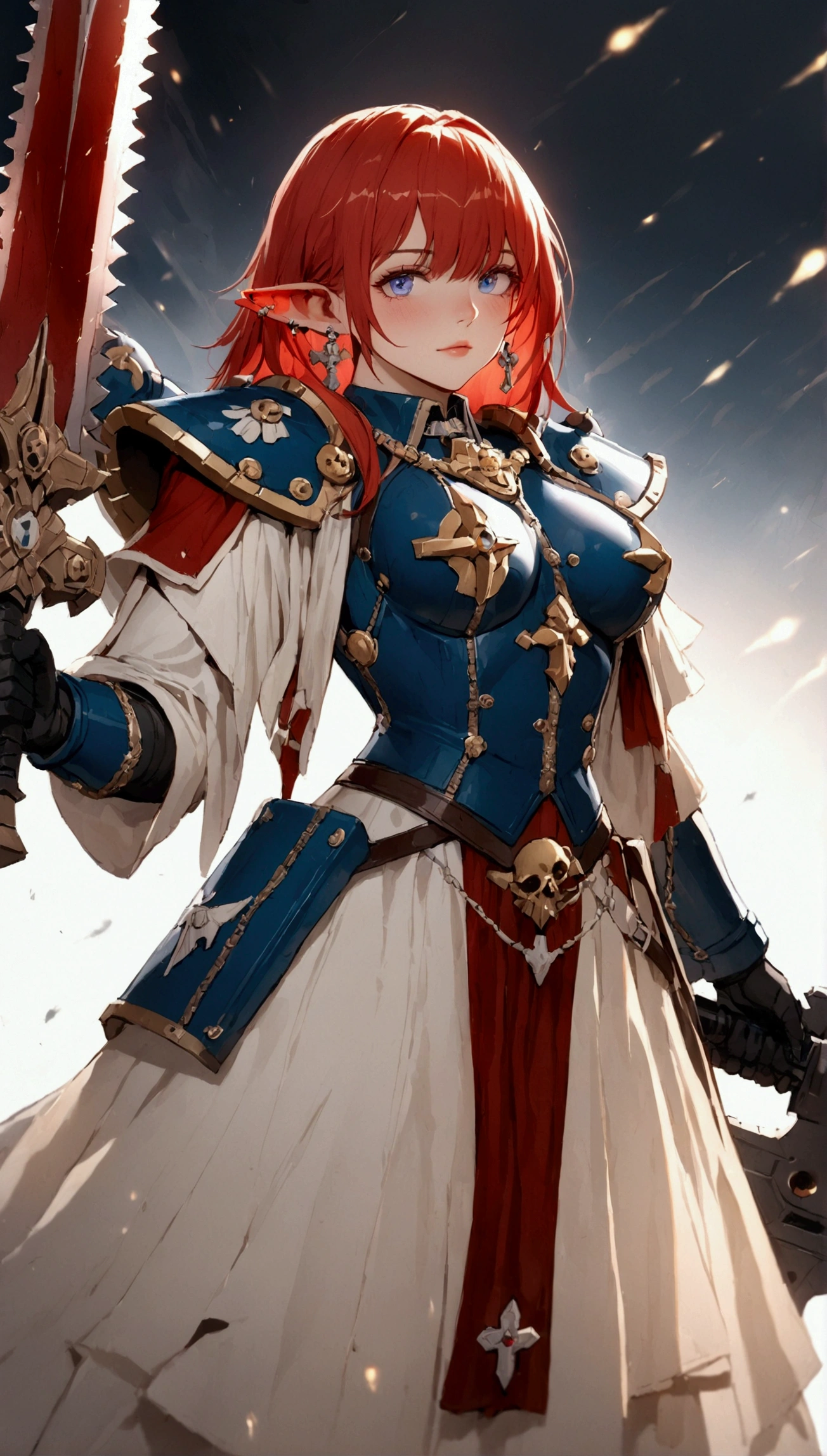 (Masterpiece. The best quality. 8K. Sharp focus. Depth of field, The best shadows. Perfect lighting. HDR. Realistic skin texture. Ultra-detailed background. Details). Anime style. Honkai: Star Rail. 1 girl. March 7. Warhammer 40000. Adeptus Sororitus. Sister of Battle. Fiery red hair. Short hair. Ultra-detailed hair. Earrings with rubies in the ears. Azure blue eyes. Beautiful eyes. Beautiful eyes. Expressive eyes. Ultra-detailed eyes. Perfect face. Beautiful face. Beautiful nose. Thin lips. Ultra-detailed face. Perfect anatomical body. Slender body. Thin waist. B-size breasts. Beautiful arms. Rounded hips. Beautiful long legs. Ultra-detailed body.  Warhammer 40,000 Sisters of Battle armor. Ultra-detailed armor. Chainsword. Holds chainsword in front of her. No background. White background. No wallpaper. White wallpaper. Stands full-length. Stands full-length. Full body.