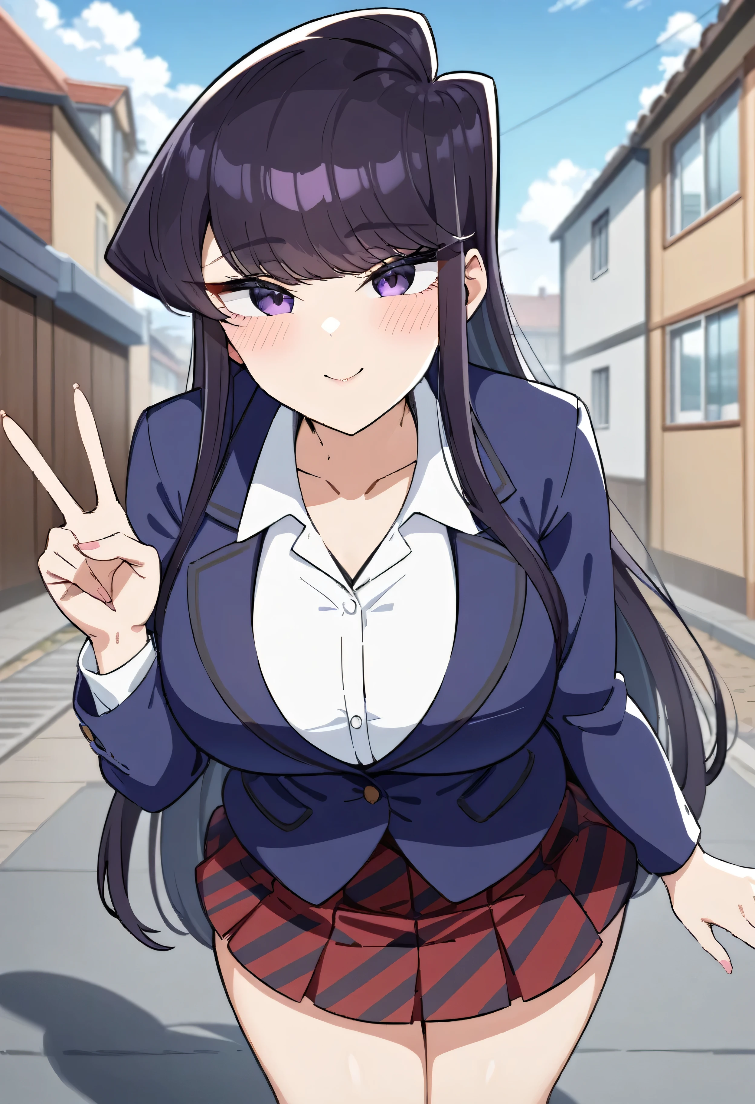 (anime art style:1.0), 2d, masterpiece, best quality, very aesthetic, absurdres, dynamic shadows, atmosferic, komi_shouko, 1girl, solo, black hair, (long hair), bangs, purple eyes, big breasts, (curvy body), makeup, blush, (school uniform:1.0), blue jacket, white shirt, plaid skirt, red skirt, miniskirt, black panties, collarbone, smile, close mouth, feet out frame, from front, (v), standing, (looking at viewer:1.0), winter, clouds, sky, street, houses