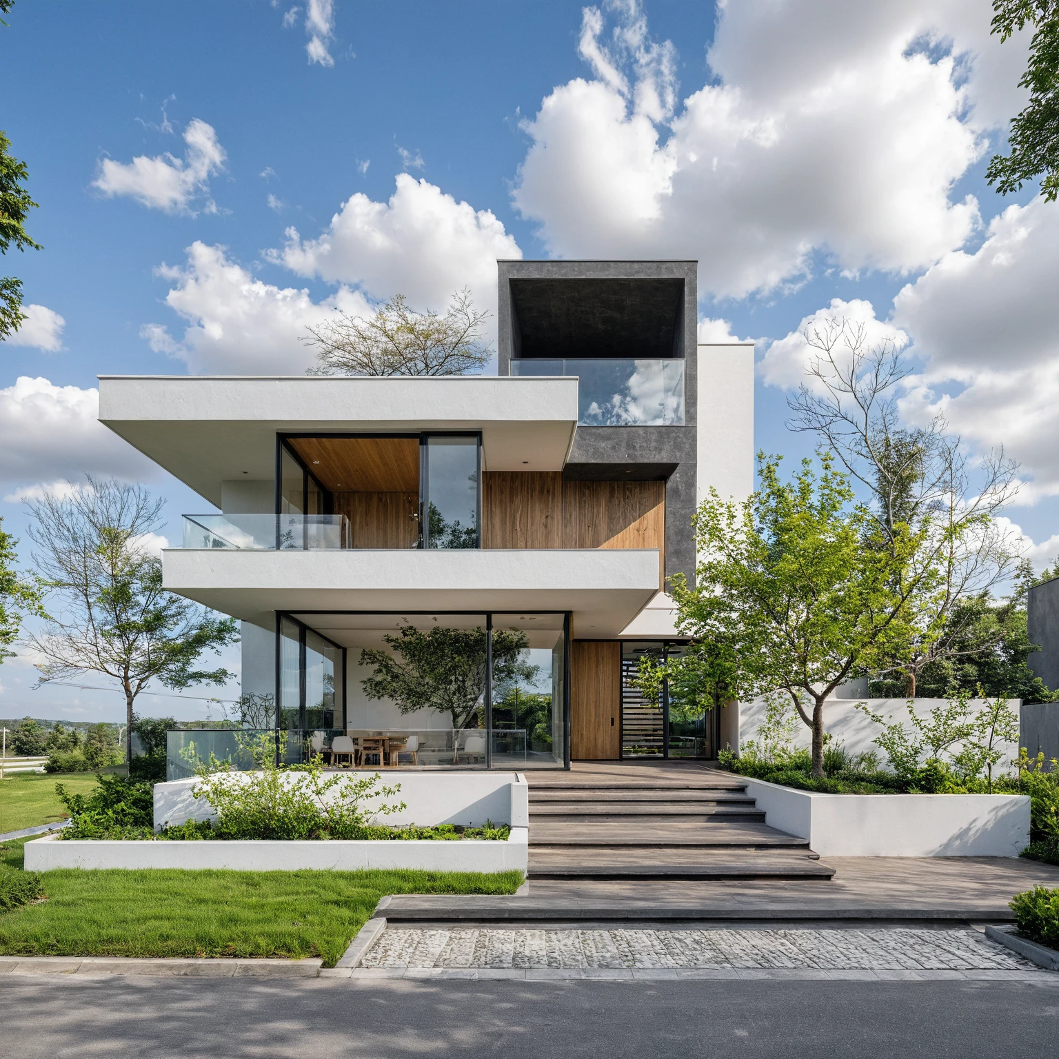 Masterpiece, high quality, best quality, authentic, super detail, outdoors, onestoreyvillaXL, aiaigroup, house style modern on the street ,stairs, white wall ,road,pavement, grass, trees, sky, cloud, (daylight:1.1)
